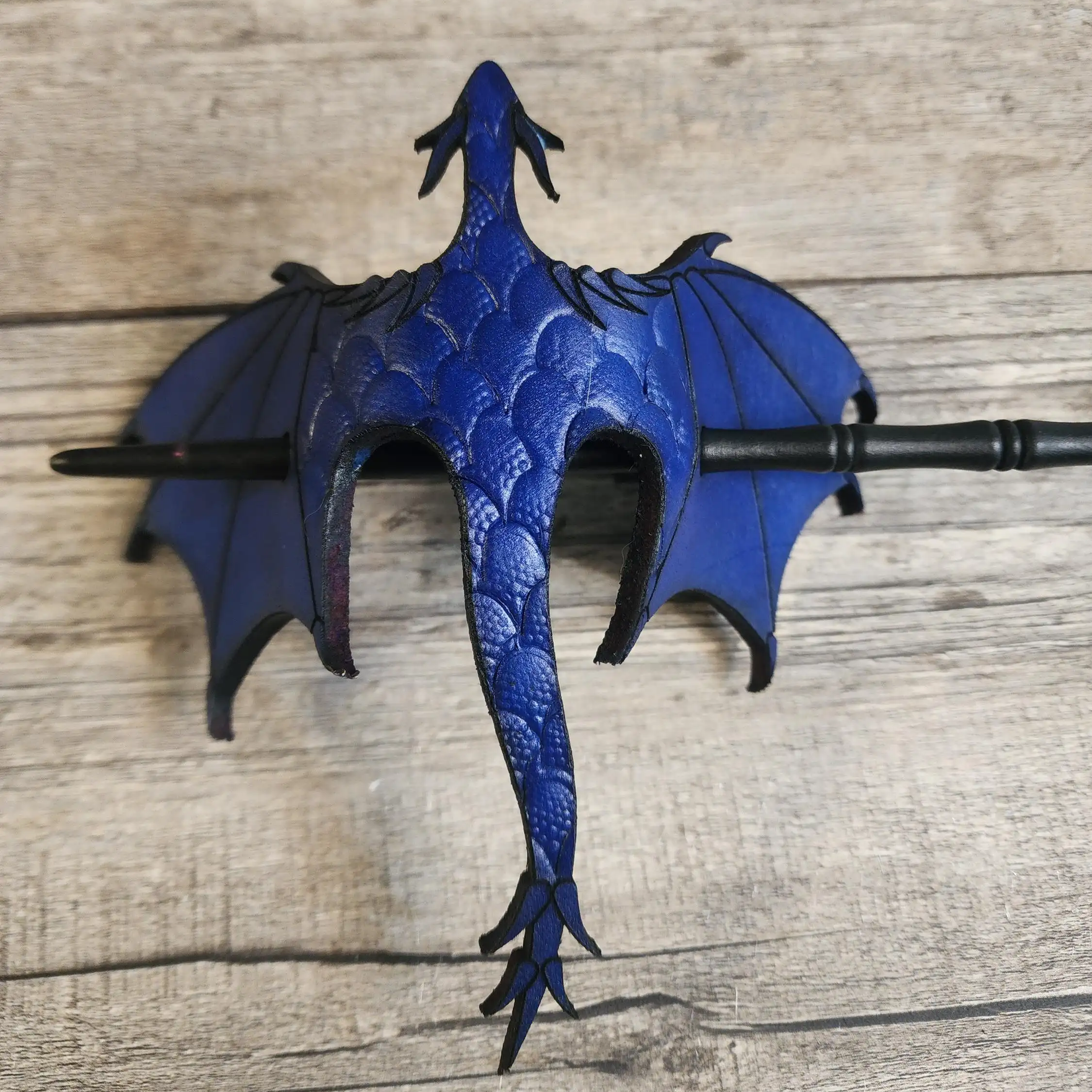 Leather Tooled Dragon Hair Slide w/ Wood Stick
