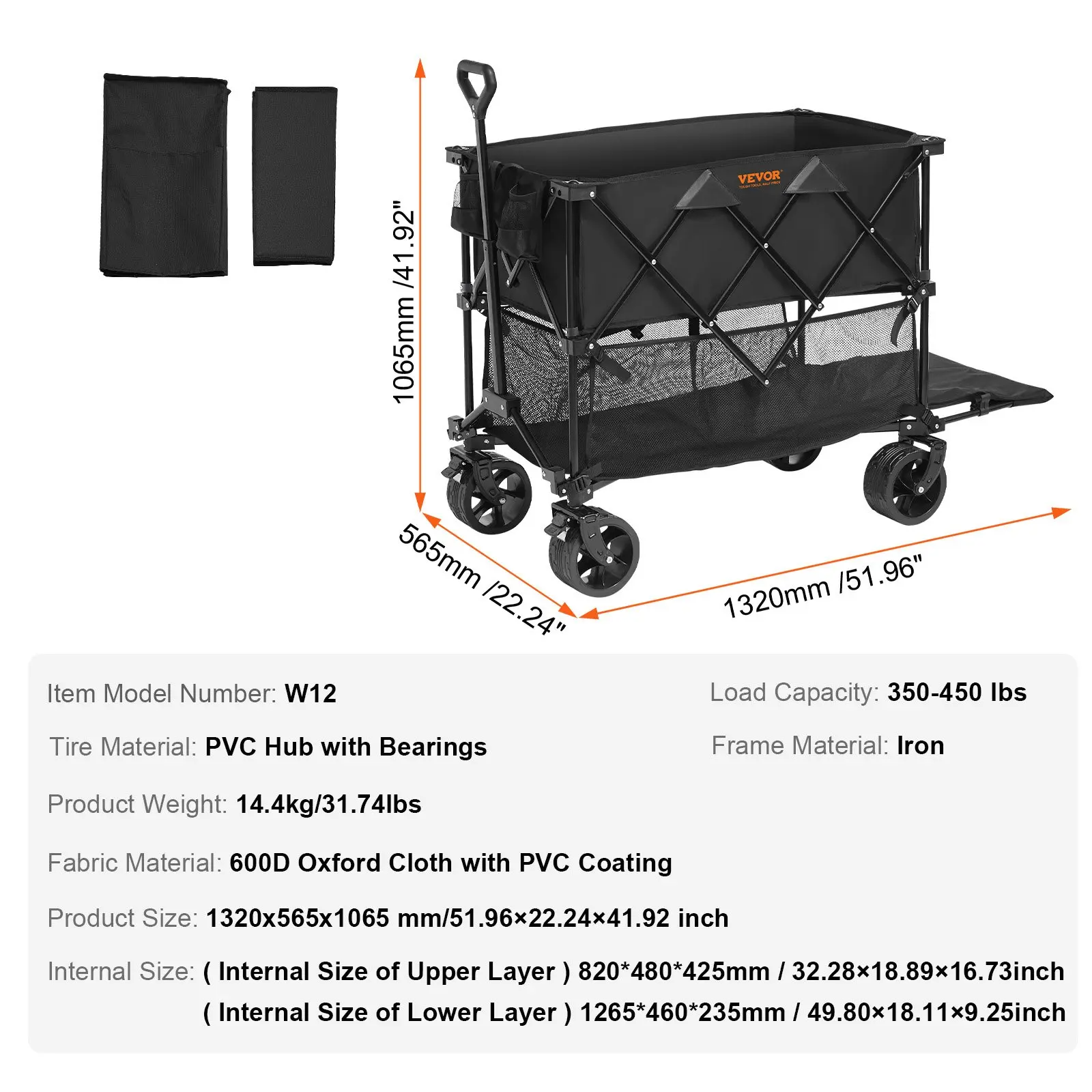 Foldable Double Decker Wagon, Collapsible Wagon Cart with All-Terrain Wheels, Heavy Duty Folding Wagon Cart for Camping, Shopping, Garden, 52
