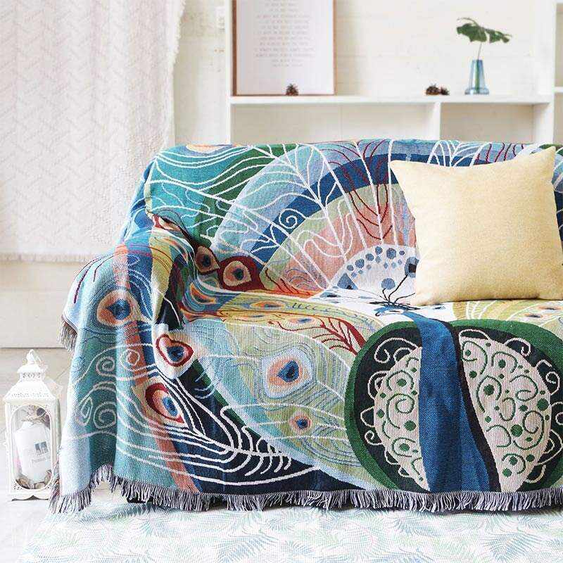 Peacock Print Tassel Reversible Blanket