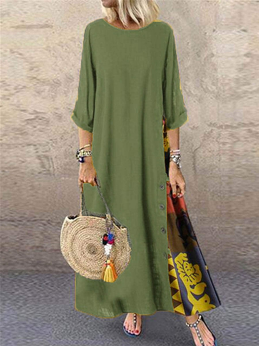 🔥Summer Arrivals🌟Women's Retro Floral Contrast Button Patchwork Cotton And Linen Casual Dress