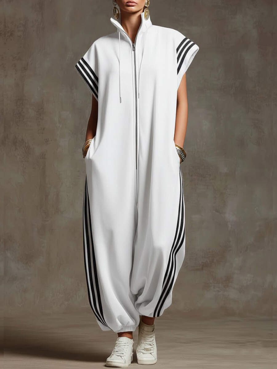 🔥Summer Arrivals🌟Women's Stand-collar Short-sleeved Casual Loose Cotton Wide-leg Jumpsuit