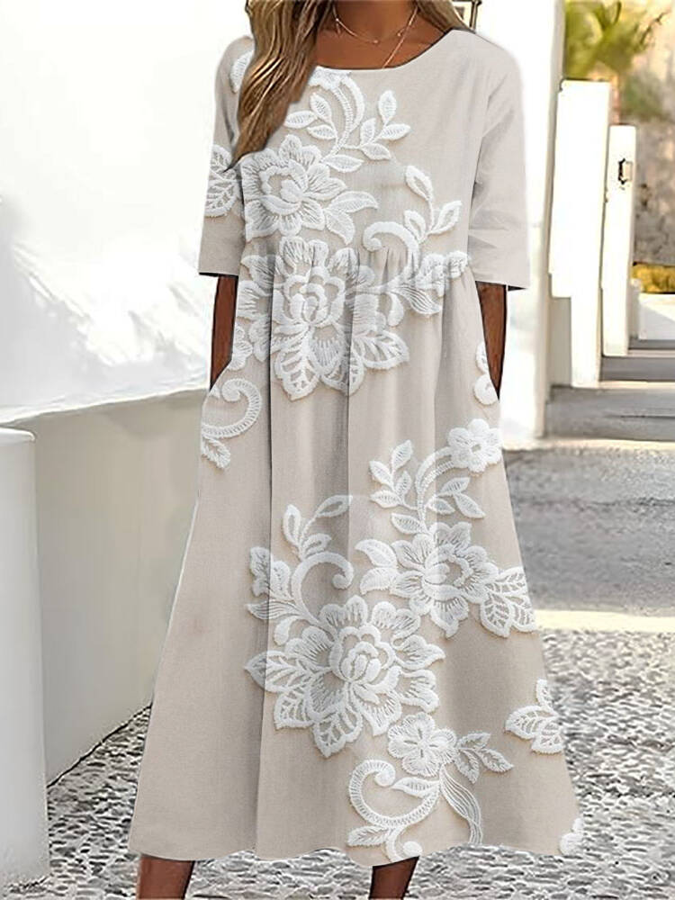 Classy Flowers Embroidered Lace Linen Maxi Dress