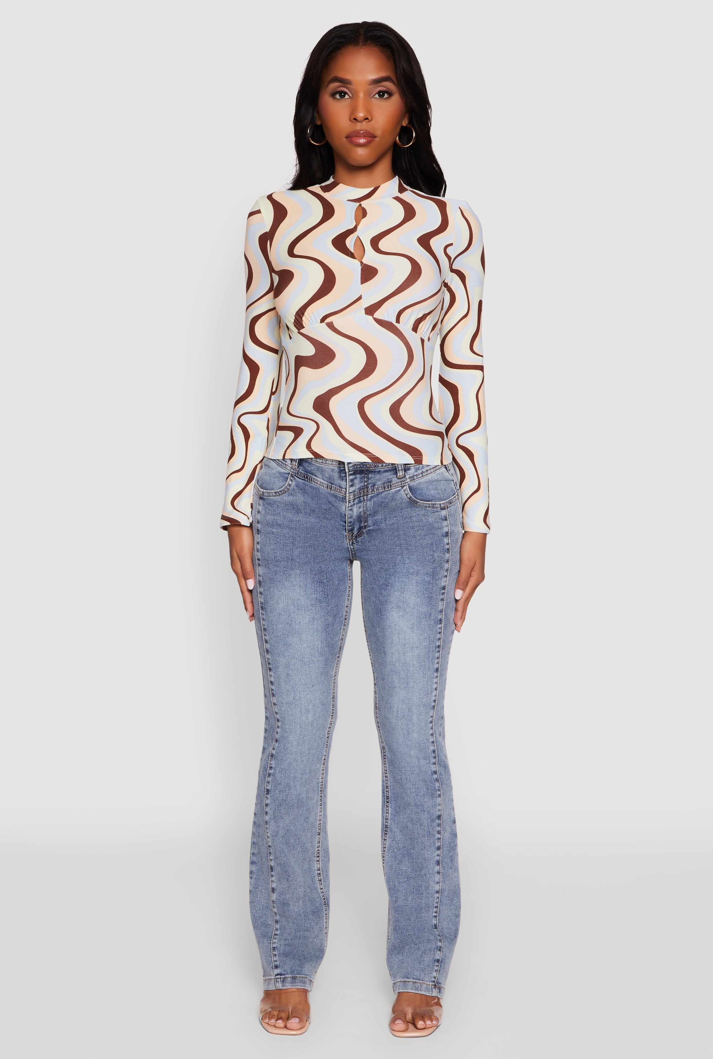 Wavy Print Mock Neck Keyhole Detail Blouse