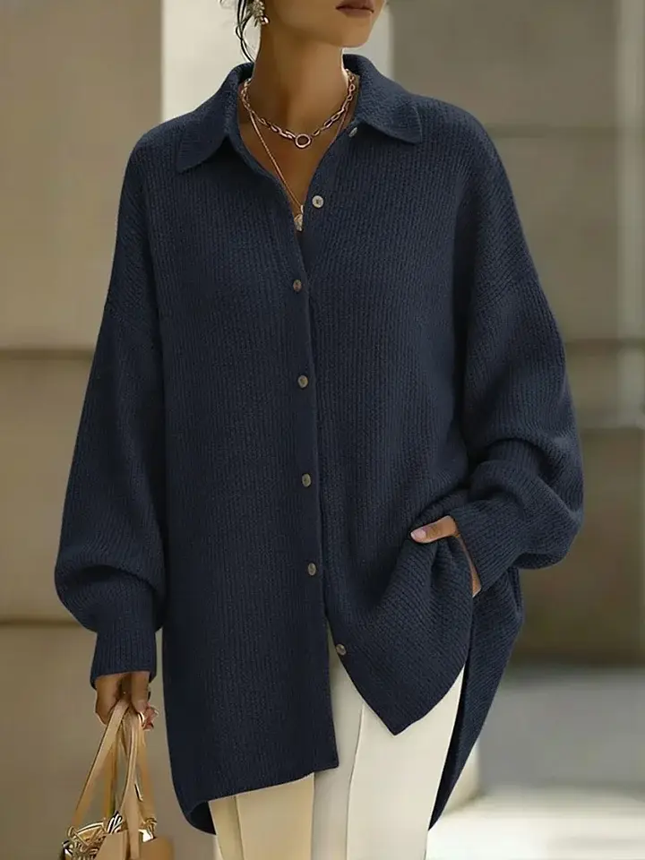 🔥Summer Arrivals🌟Women's Solid Color Lapel Long-sleeved Casual Loose Knit Cardigan