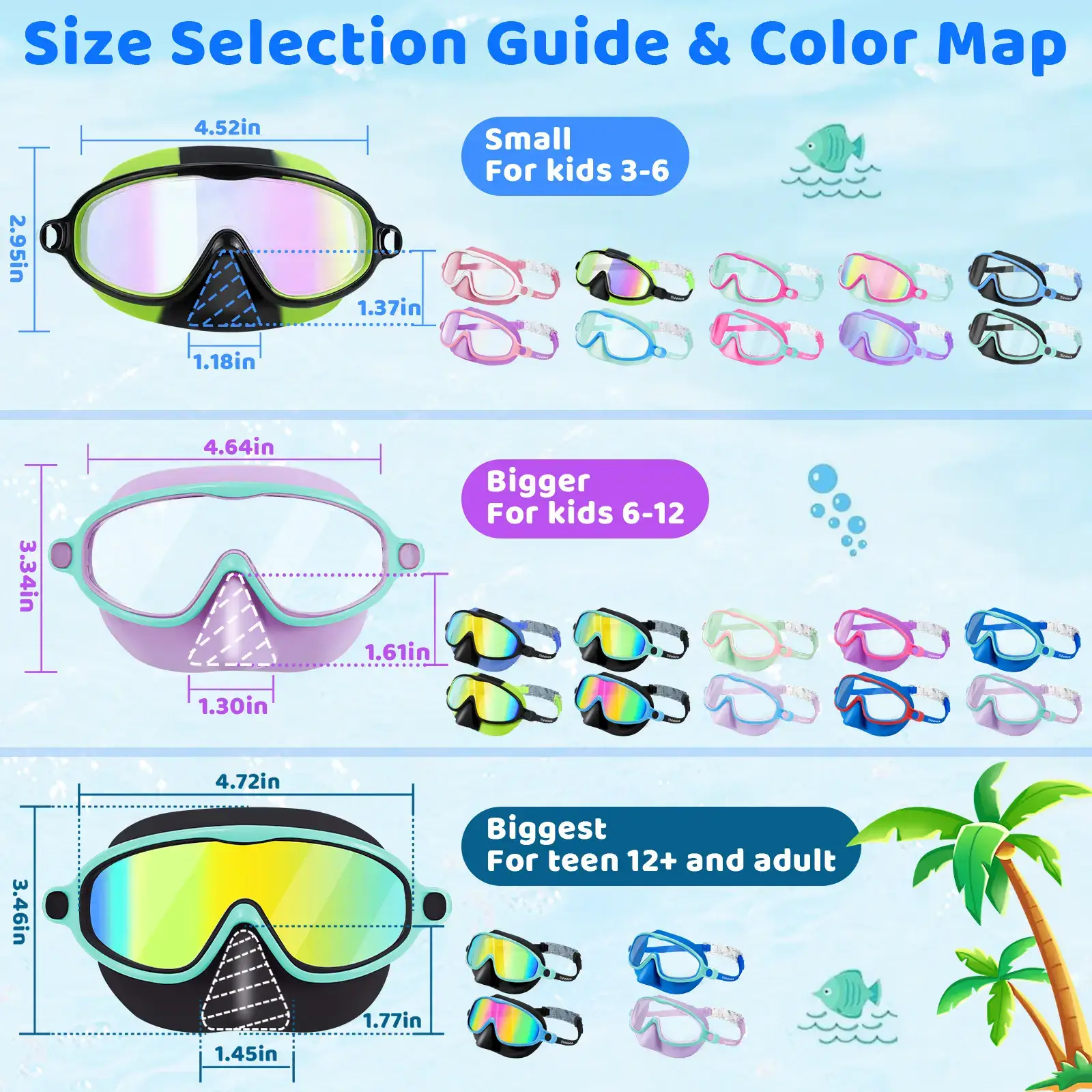 Swim Goggles 2 Pcs with Nose Cover for Ages 3-12+ Kids,Youth,UV Protection Anti-Fog Wide View Anti-Shattered Lens for Boys and Girls - Safety anti-uv swim glass anti-fog swimming goggles for Outdoor, Lake,Beach, Summer Party