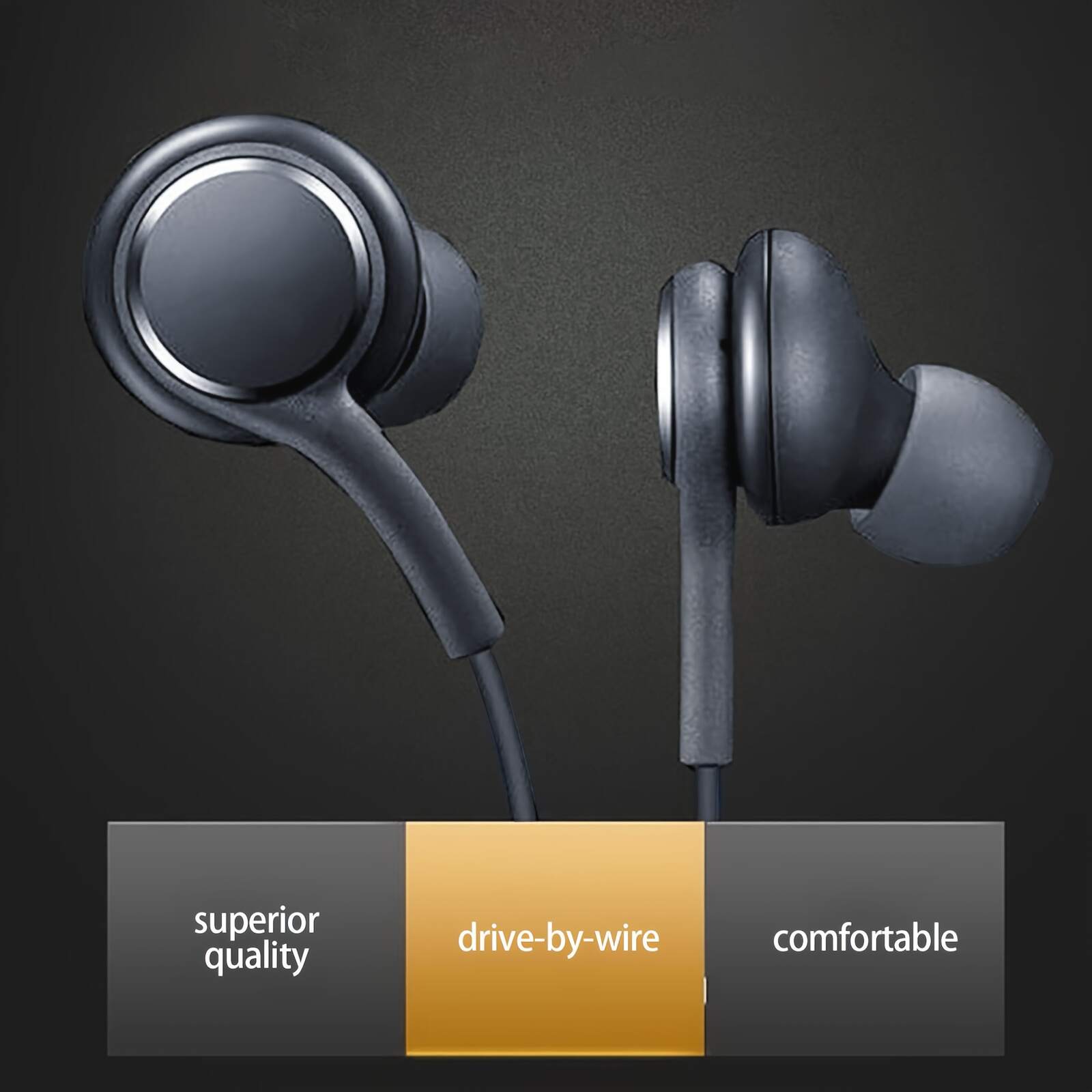 Black In-Ear Earbuds with Cable Control, C-Shaped Flat Head & Design - Comfort Fit for Running, Gaming, Sports, 3.5mm Jack, Call Noise Cancellation, USB Charging, 100cm Tangle-Free Cable