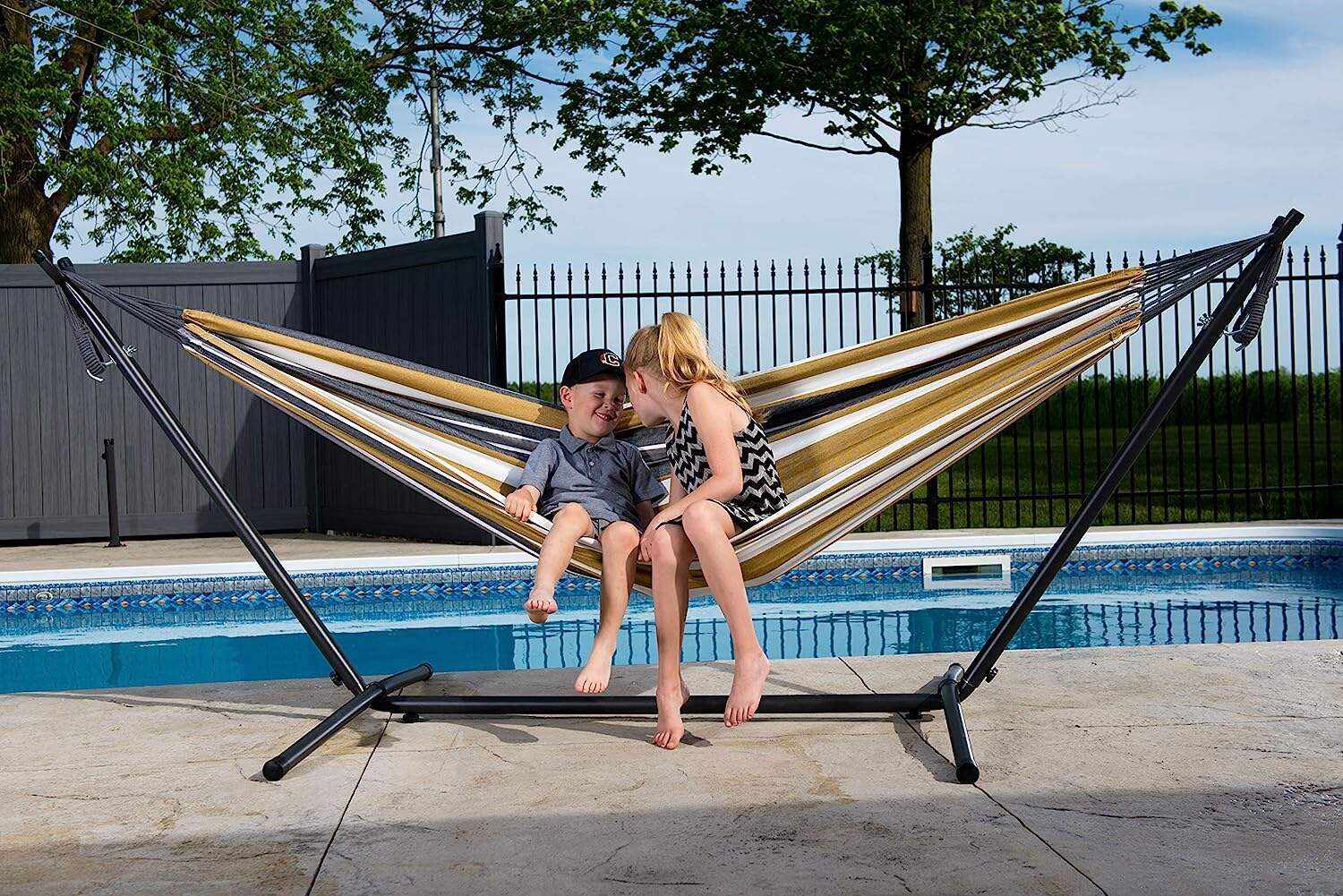 Double Cotton Hammock with Space Saving Steel Stand, Tropical (450 lb Capacity - Premium Carry Bag Included)