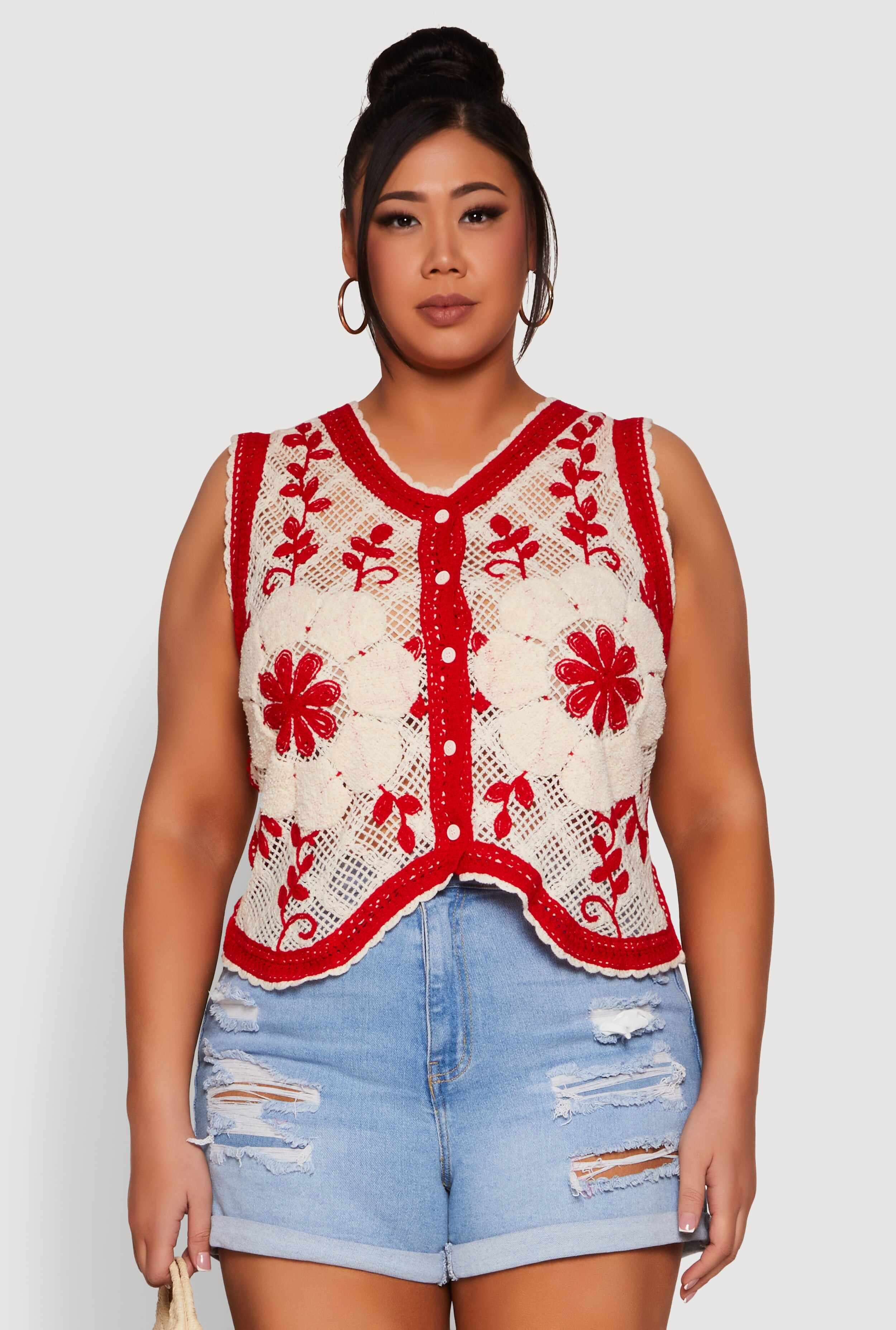 Plus Size Floral Pattern Crochet Vest