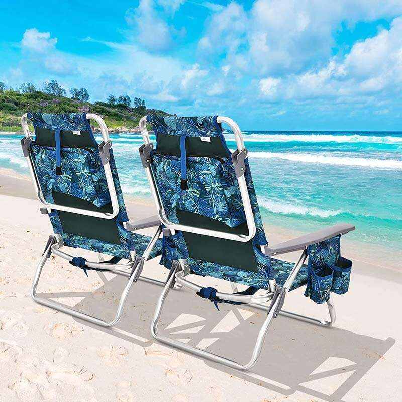 2 Pcs Folding Backpack Beach Chairs 5-Position Adjustable Outdoor Camping Chairs with Cooler Bag & Cup Holder