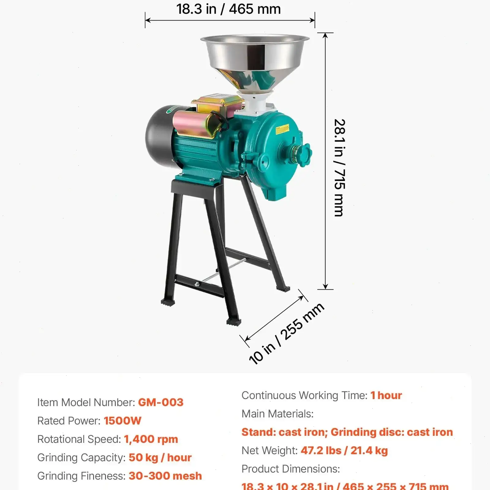3000W High Power Commercial Grain Grinder, Heavy Duty Dry Wet Electric Mill, Adjustable Thickness Powder Machine for Wheat Corn Spice Cereal with Feeding Funnel