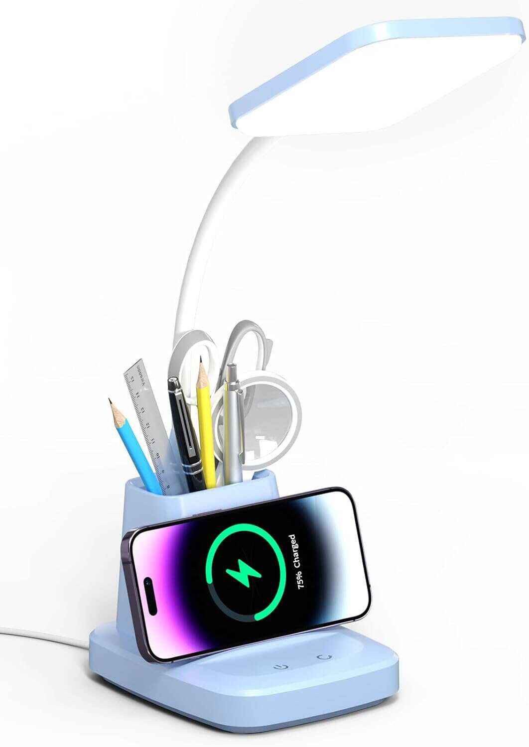 Desk Lamp with Wireless Charger, LED Desk Lamps for Home Office, 800 Lumens, Small Desk Lamp with Pen Holder, Flexible Arm, 3 Modes, Dimming, Touch Lamp for College Dorm Room