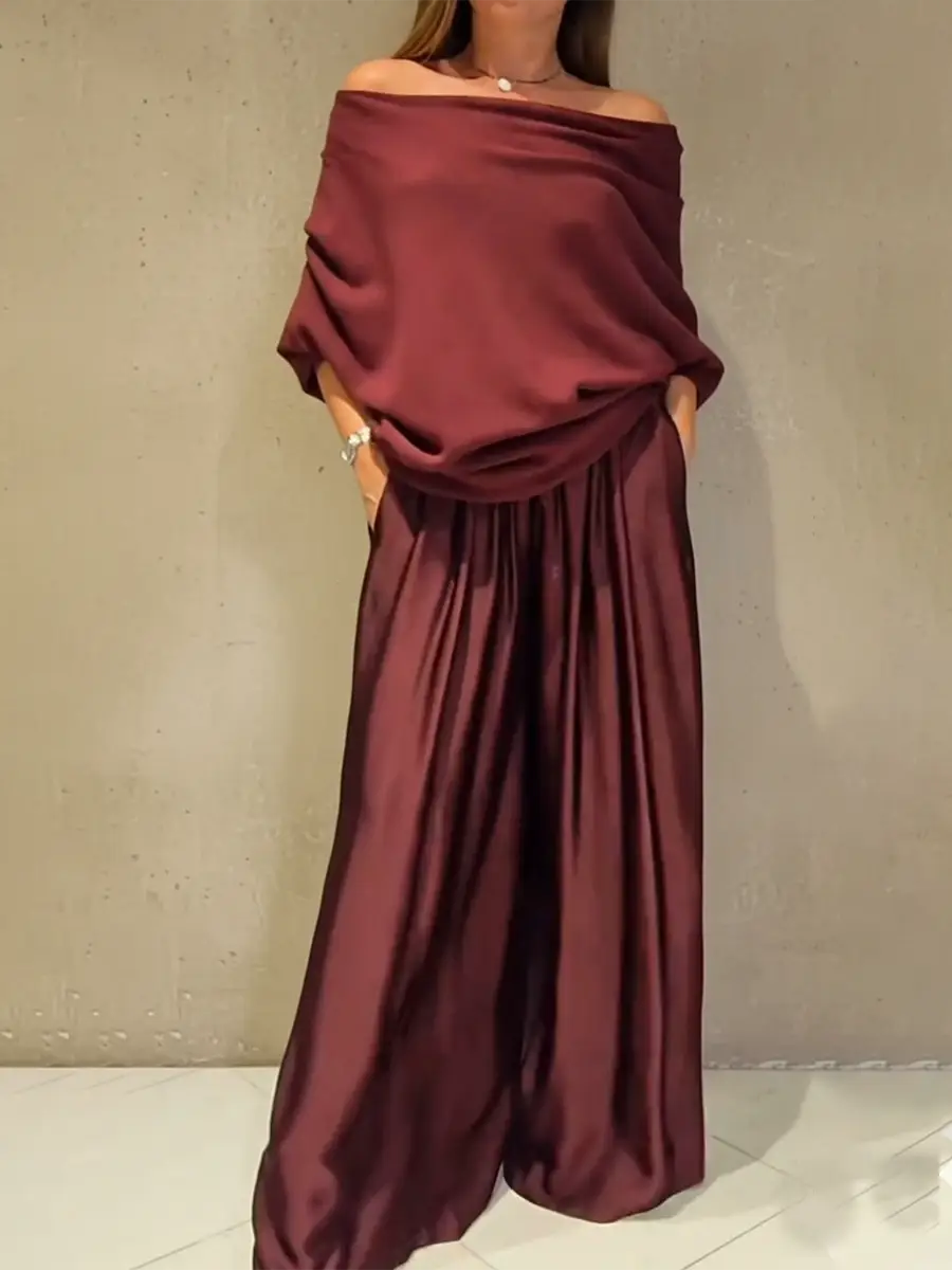 🔥Summer Arrivals🌟Elegant Off-shoulder Sweater and Satin Wide-leg Pants Two-piece Suit