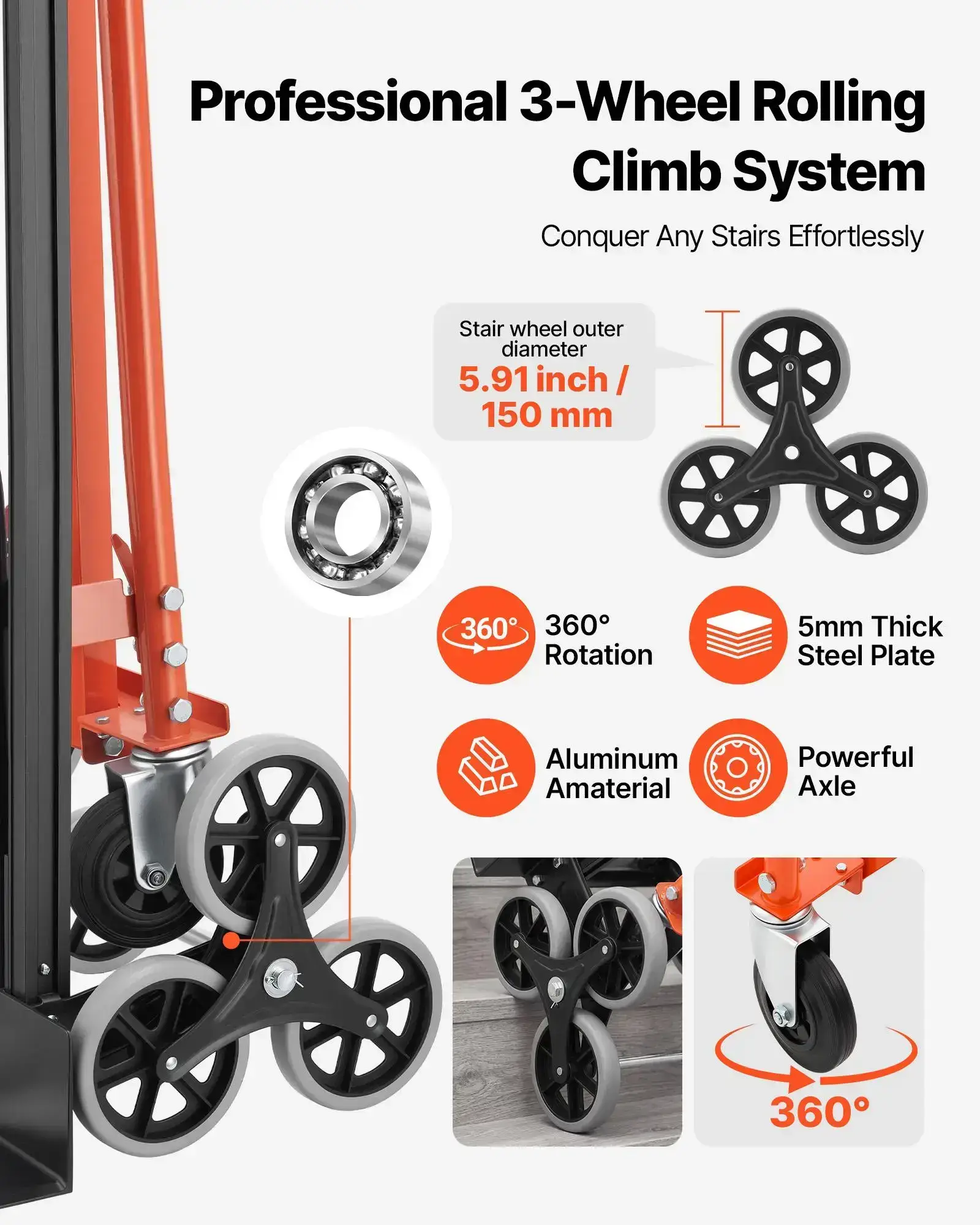 3 in 1 Industrial Convertible Stair Climbing Cart, 770 lbs Max Load, Folding Hand Truck Dolly with Handle & Wheels, Stair Climbing Utility Trolley for Transport & Moving, Orange & Silver