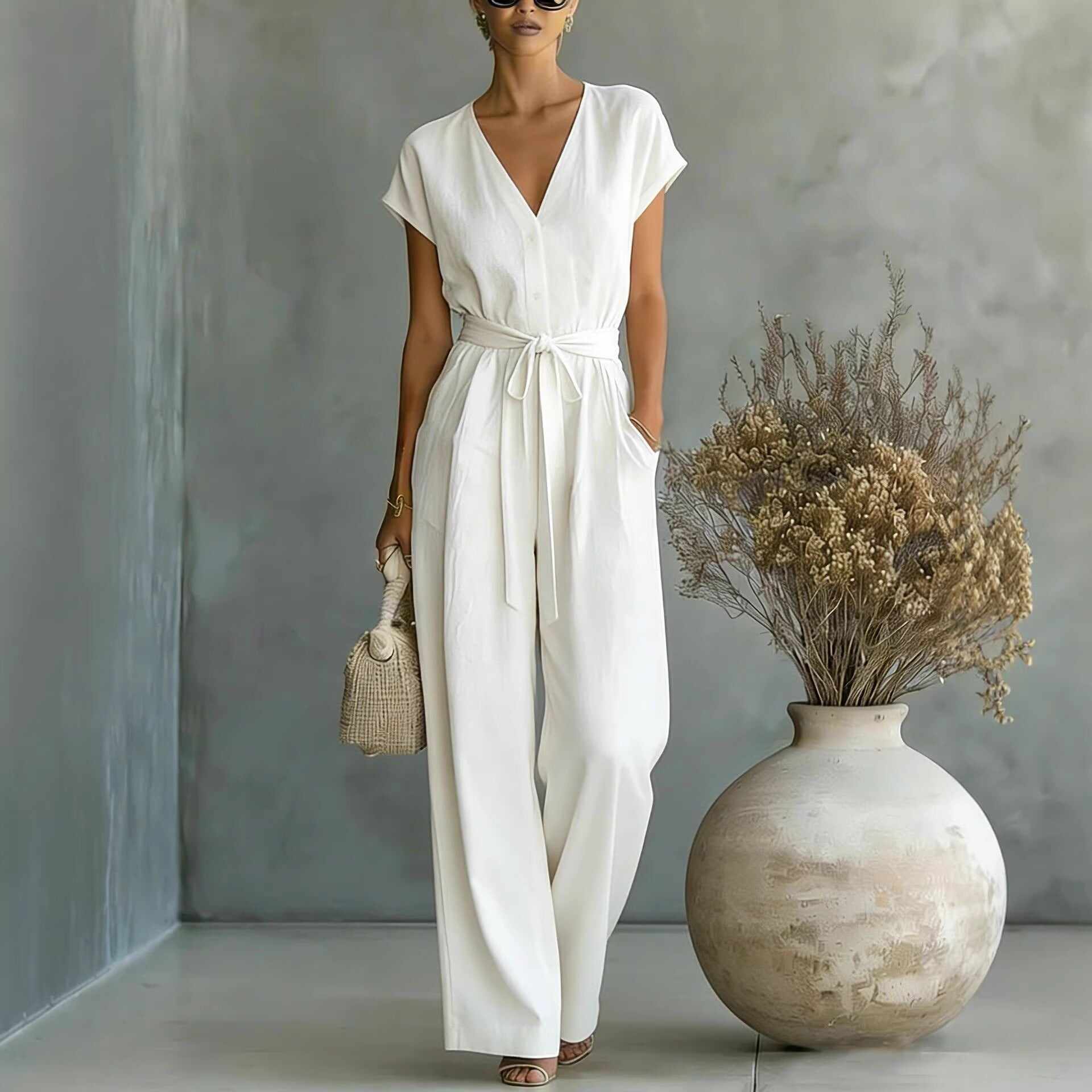 Elegant V-Neck Belted Jumpsuit for Women - Casual & Chic One-Piece Outfit for Everyday & Occasion Wear
