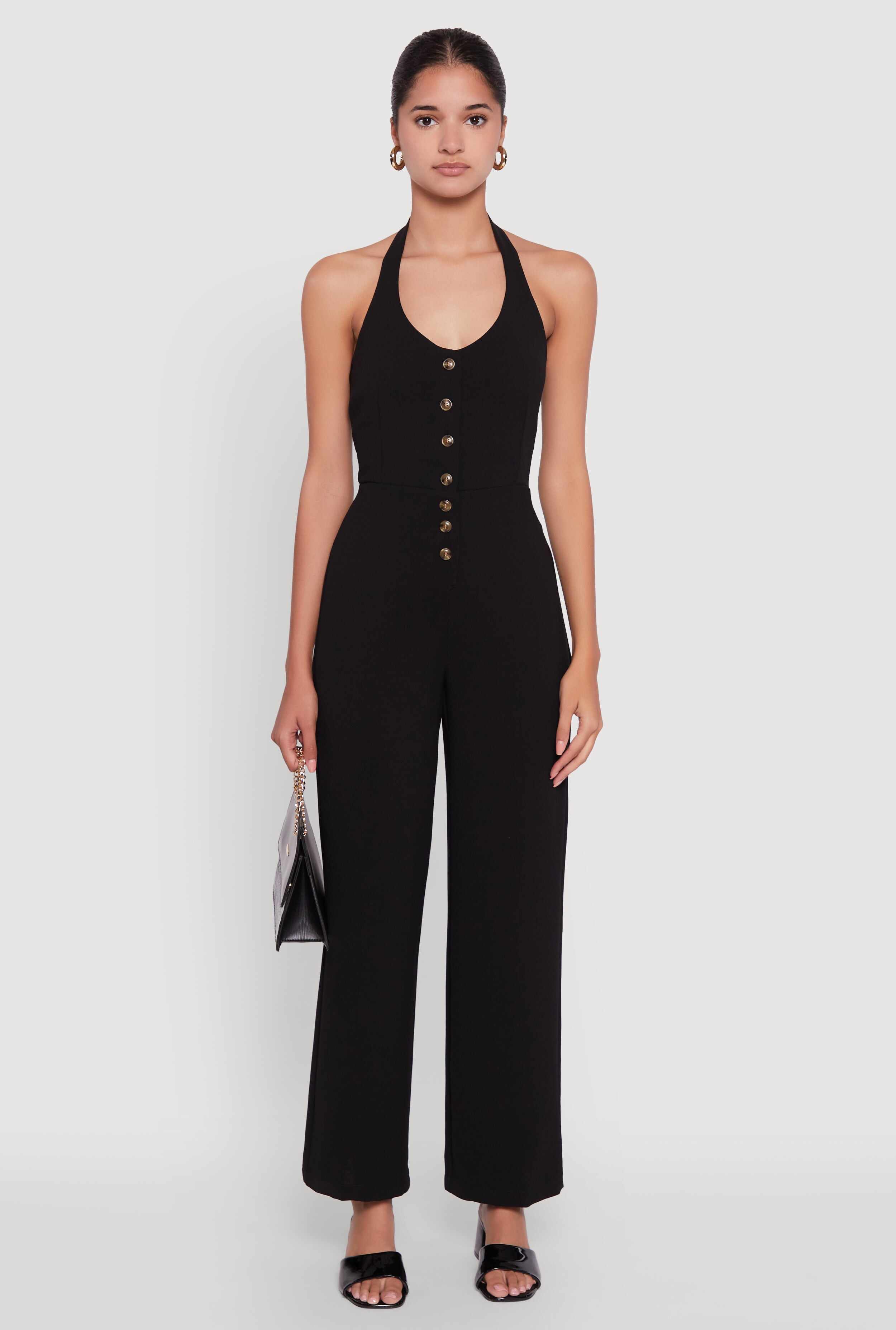 Crepe Knit Button Front Halter Jumpsuit