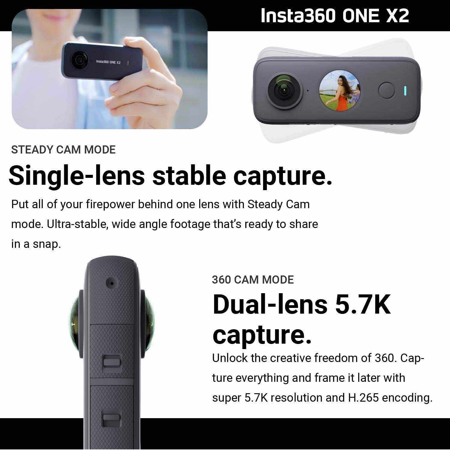 Insta360 ONE X2 360 Camera with Touchscreen - 5.7K30 360 Video, Front Steady Cam Mode, 18MP 360 Photo + InstaPano | Bundle Includes Invisible Selfie Stick (120cm) & 128GB Memory Card (3 Items)