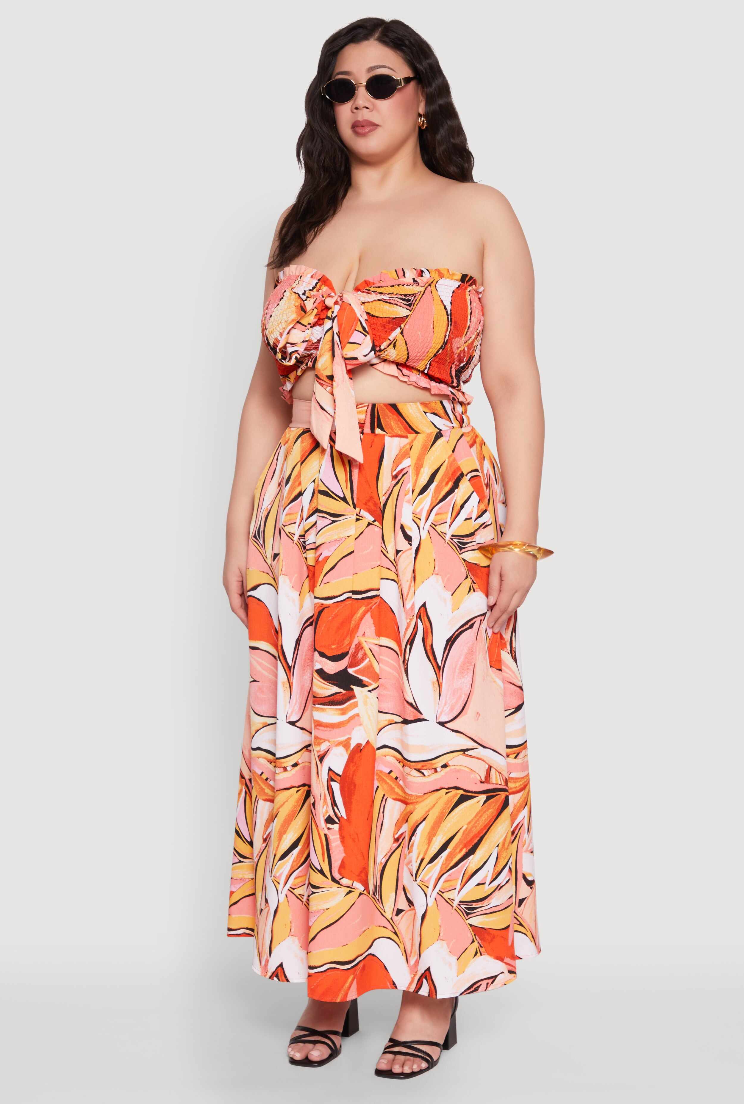 Plus Size Printed Pattern Tie Front Crop Top