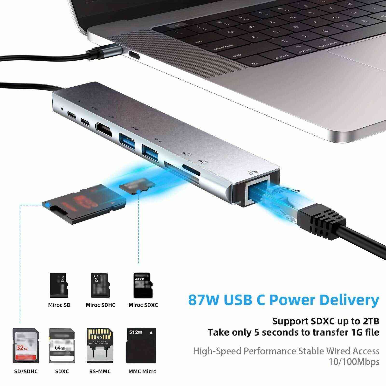 8 In 1 USB C HUB, USB C Adapter With 4K HDTV, 100W PD, USB C Port, USB 3.0,USB 2.0,RJ45 Ethernet, SD/TF Card Reader, Docking Station Compatible For MacBook Pro/Air USB C Laptops And Other Type C Devices