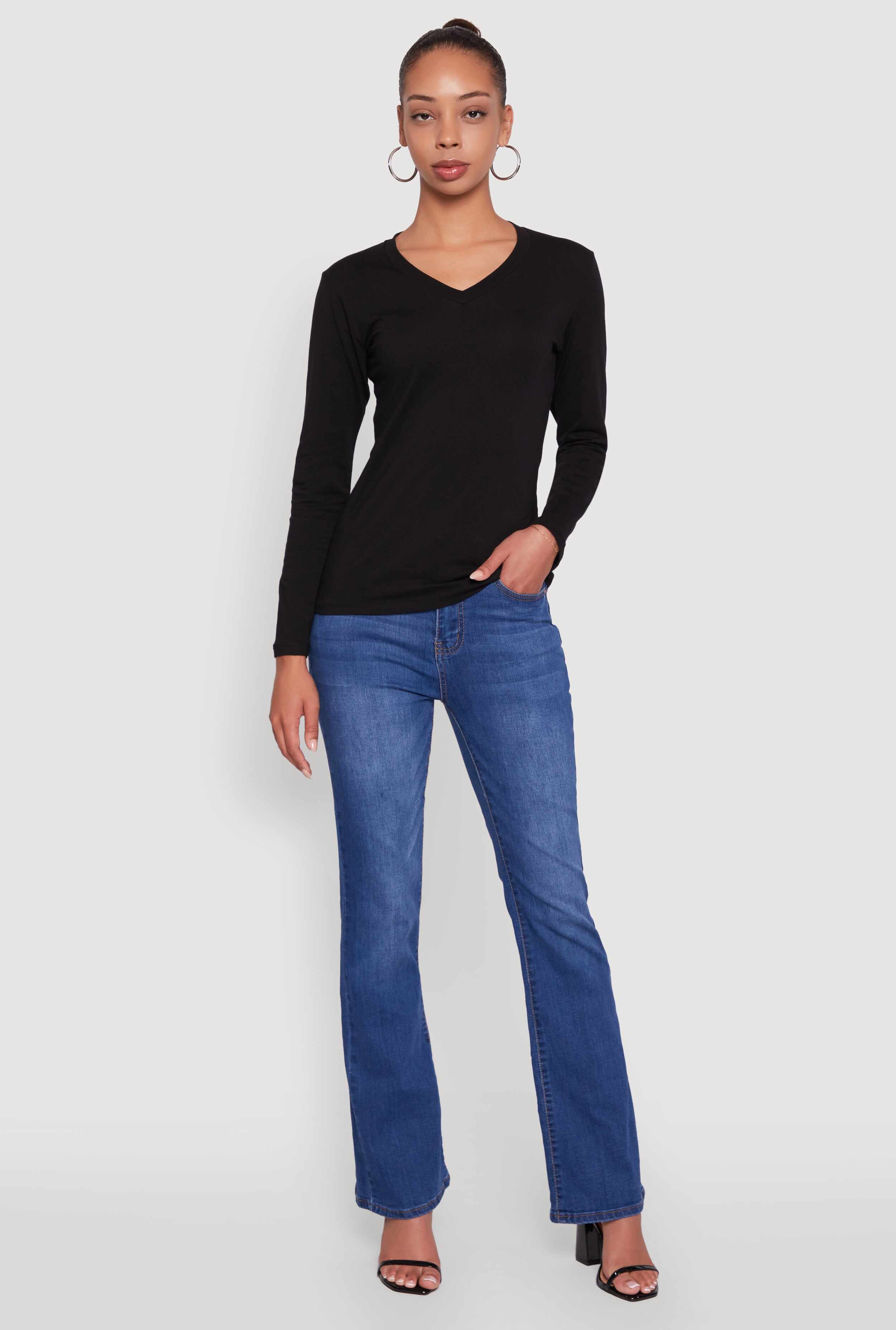 V-Neck Long Sleeve Solid T-Shirt