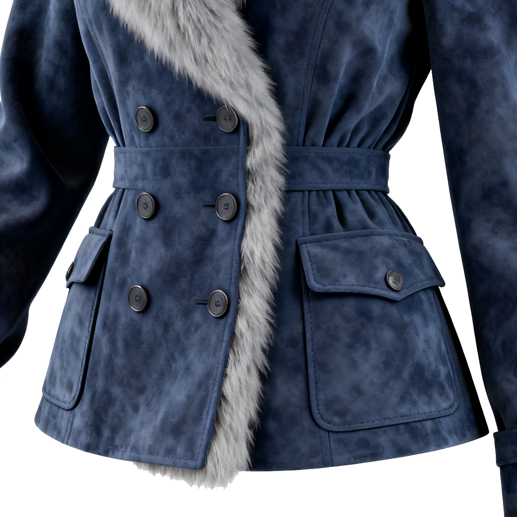 Women's Elegant Double-breasted Black Suede Coat With Fur Collar