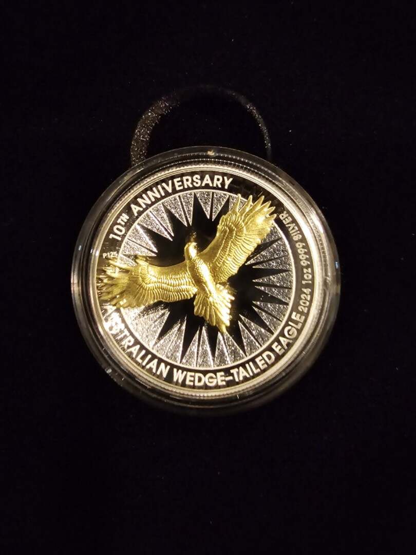 2024 $1 Australian Wedge Tailed Eagle 10th Anniversary 1oz Silver Proof High Relief GILDED Coin ( Perth Mint)