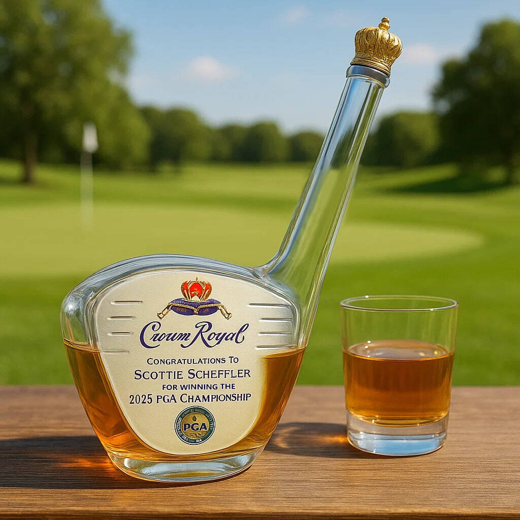 Golf club whiskey bottle commemorating Scottie Scheffler's win of the 2025 PGA Championship