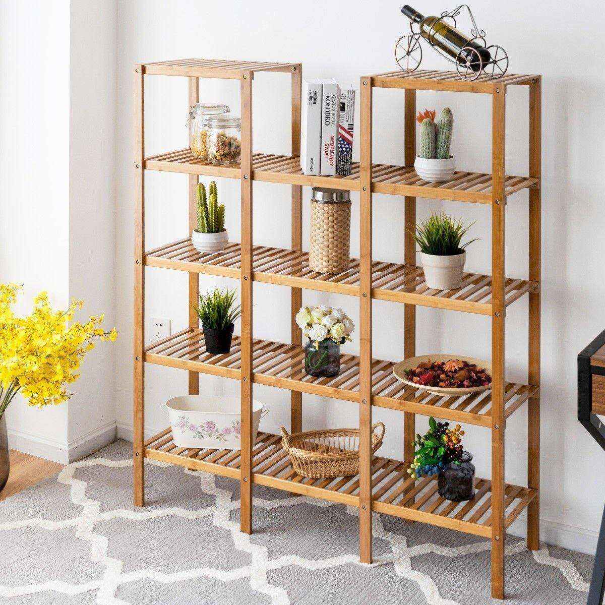 5 Tier Multifunctional Bamboo Shelf Rock Plant Display Stand (12 Pots)