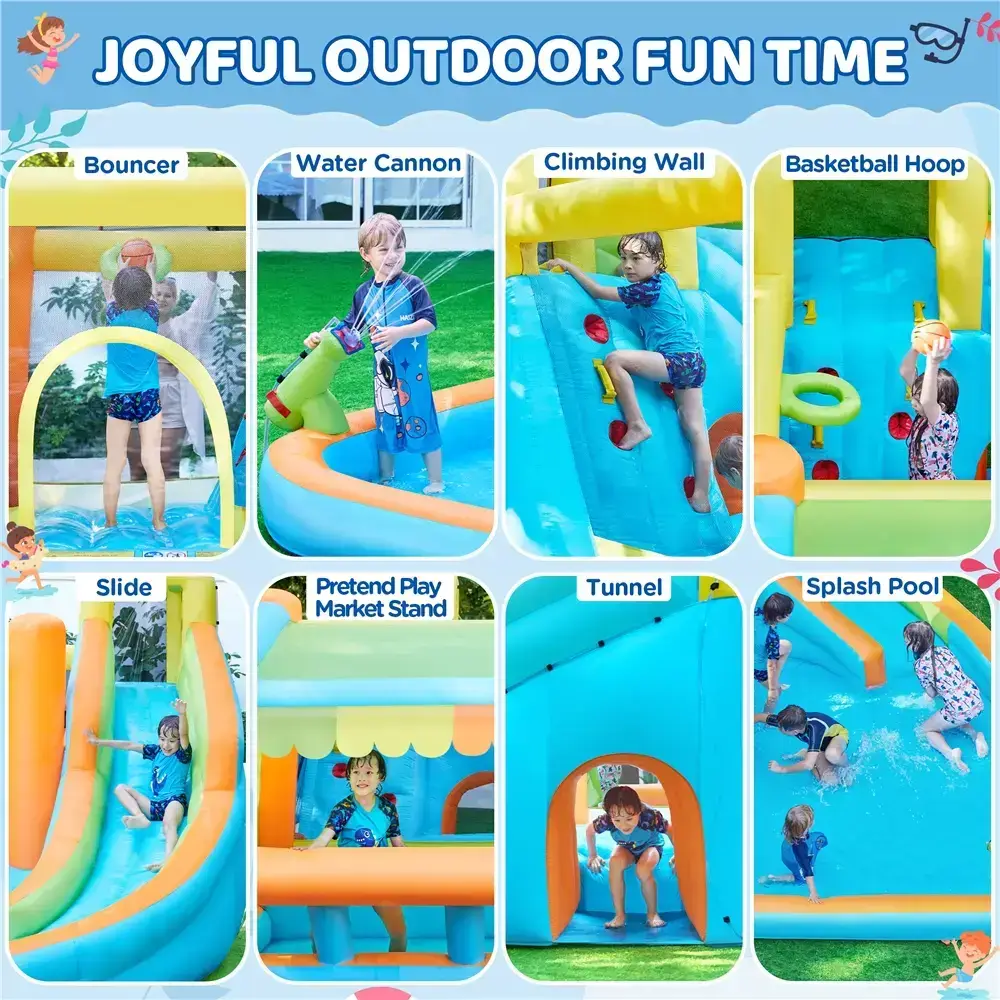 8-in-1 Inflatable Bounce House with Splash Pool, Slide, Climbing Wall, and Market Stand for Kids Ages 3-10, 520W Blower, Portable & Multifunctional Playground Set
