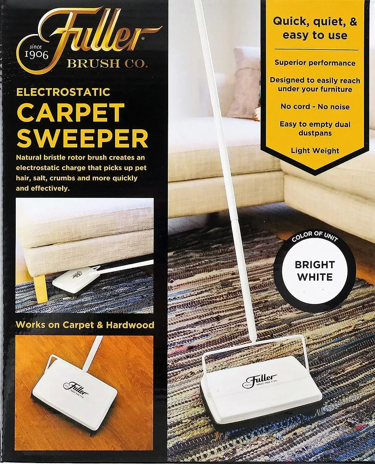 Fuller Brush 17027 Carpet & Floor Sweeper- Mini Stick Cleaner For Hardwood Surfaces, Wood Floors, Laminate, Tile- Small & Portable For The Home Or Office - Cleans Dust Pet Hair- Electrostatic & Silent