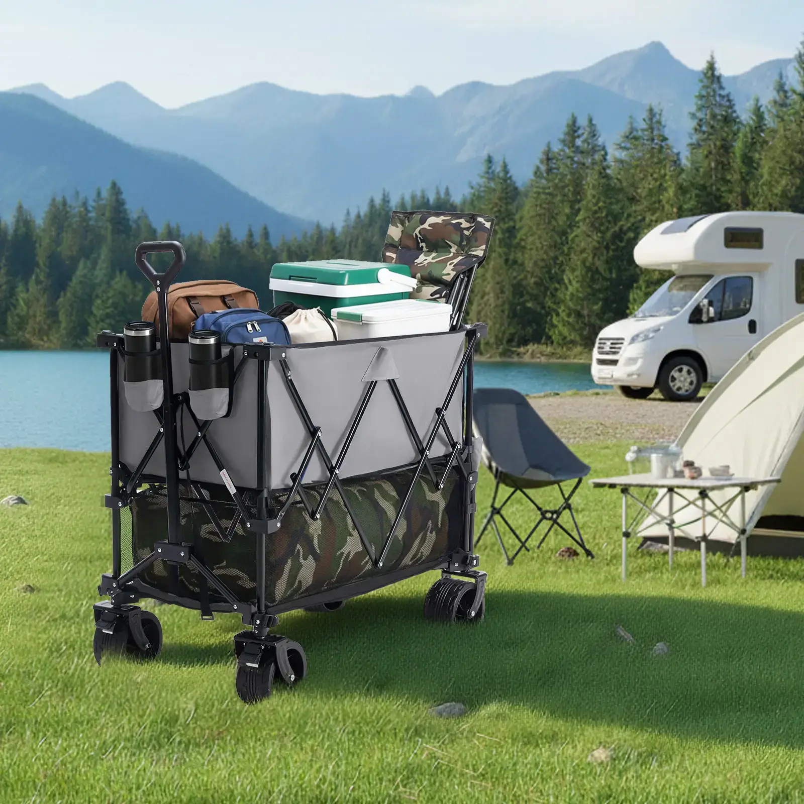 Large Capacity Folding Double Decker Wagon with Brakes, 440 lbs Wagons Carts Foldable Wagon Cart with Flexible Handle, All-Terrain Big Wheels for Grocery Sports Garden Camping