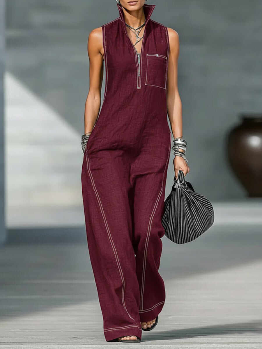 🔥Summer Arrivals🌟Women's Stand-collar Sleeveless Casual Loose Cotton And Linen Jumpsuit