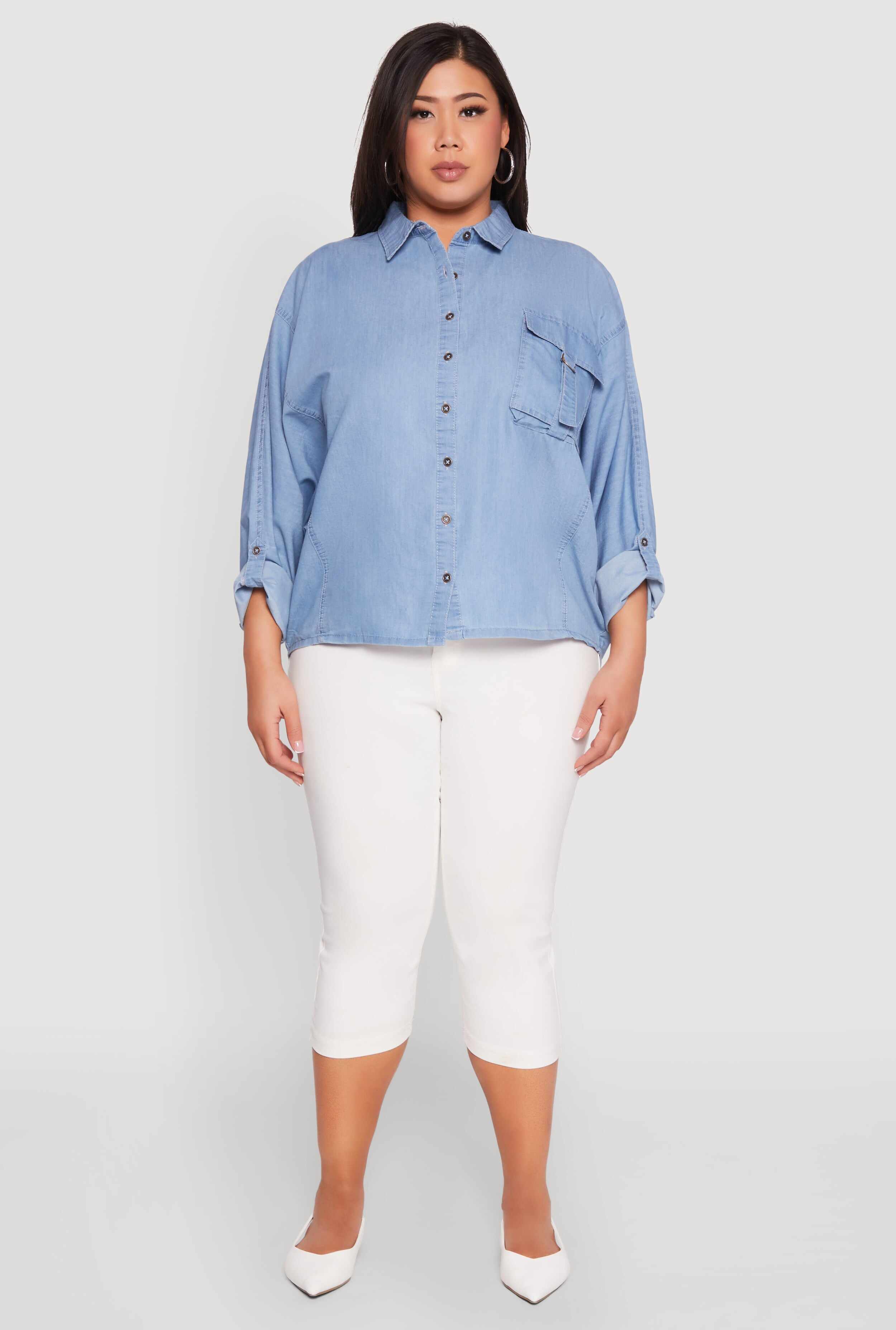 Plus Size Chambray Tabbed Pocket Shirt