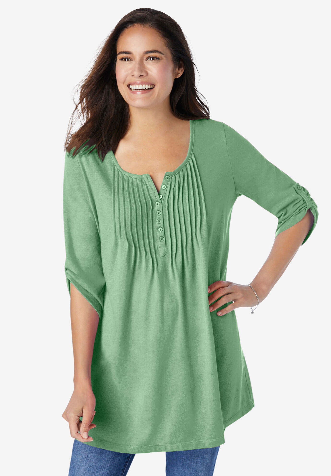 7-Day Three-Quarter Sleeve Pintucked Henley Tunic