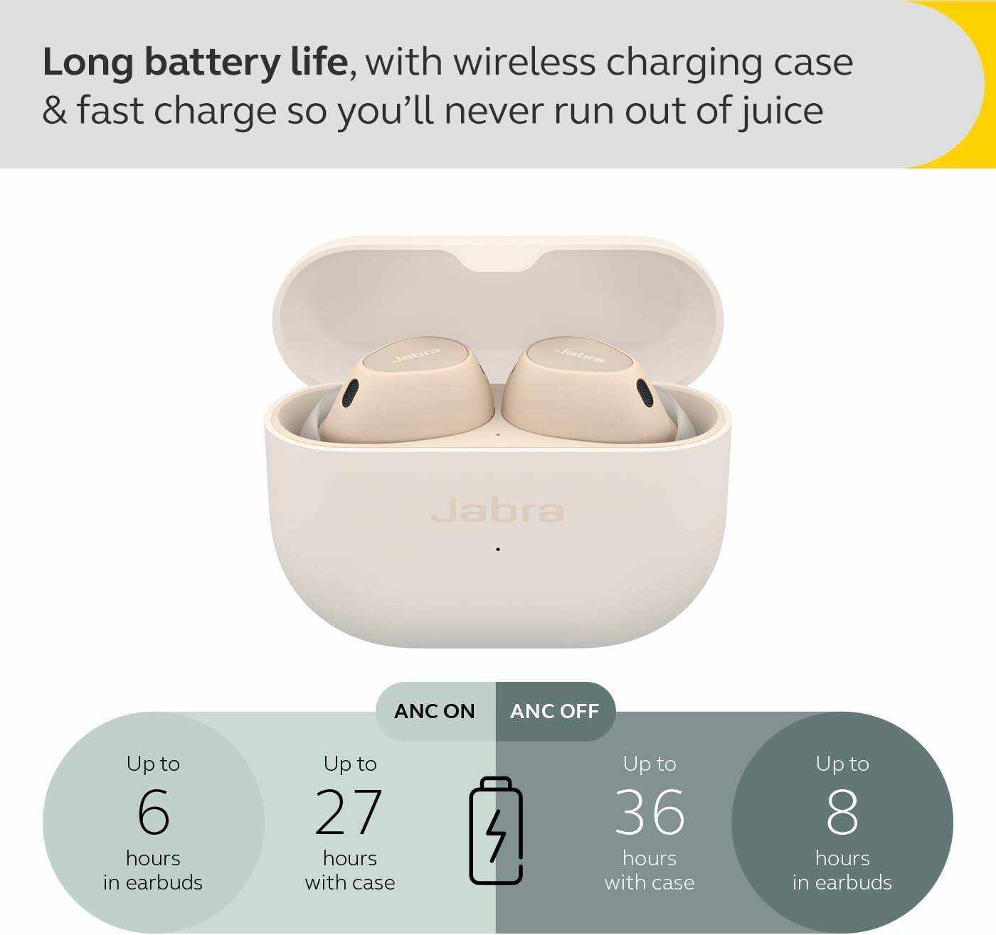 Jabra Elite 10 True Wireless Earbuds – Advanced Active Noise Cancelling Earbuds with Next-Level Dolby Atmos Surround Sound –All-Day Comfort, Multipoint Bluetooth, Wireless Charging – Cream