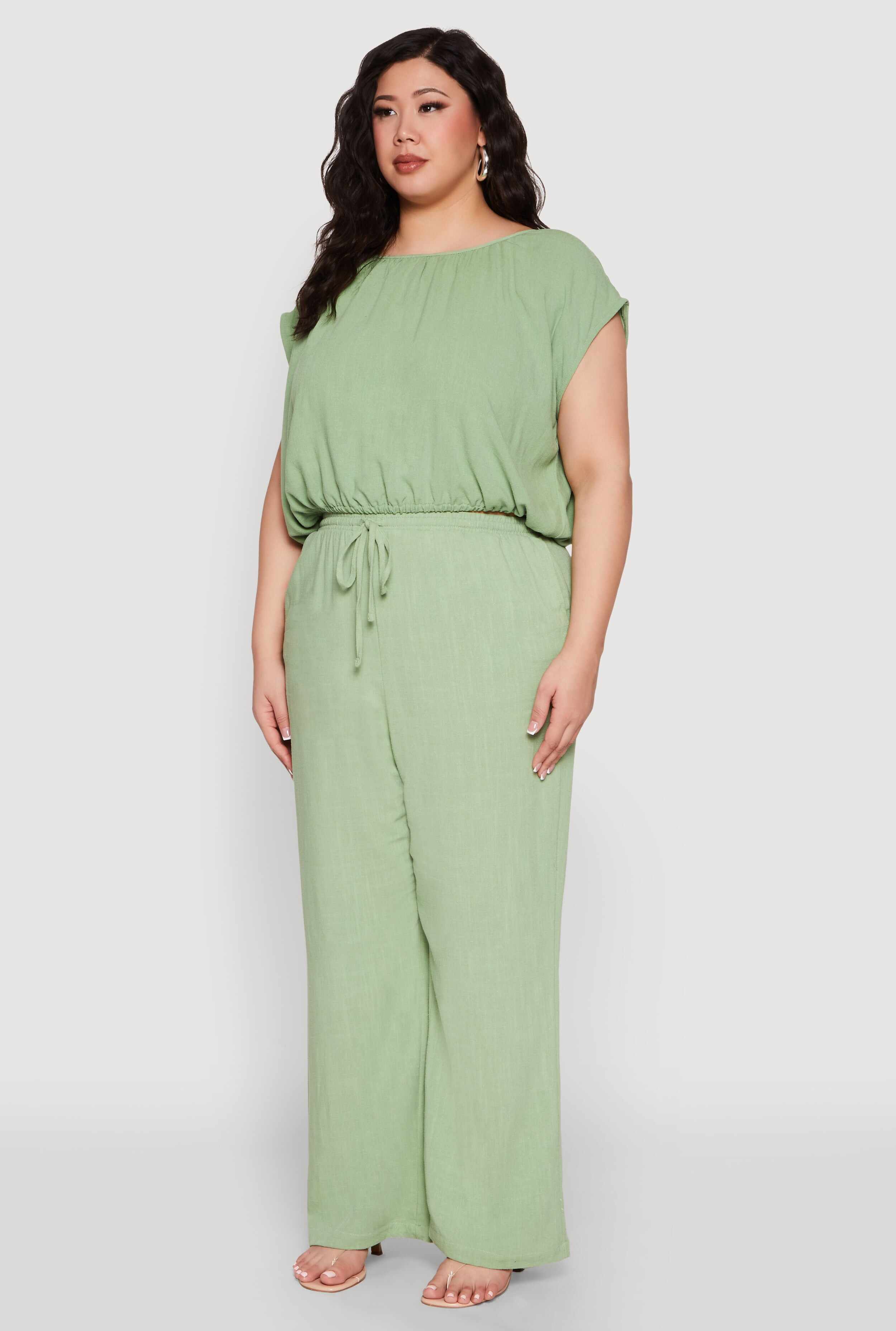 Plus Size Linen Dolman Sleeve Crop Top
