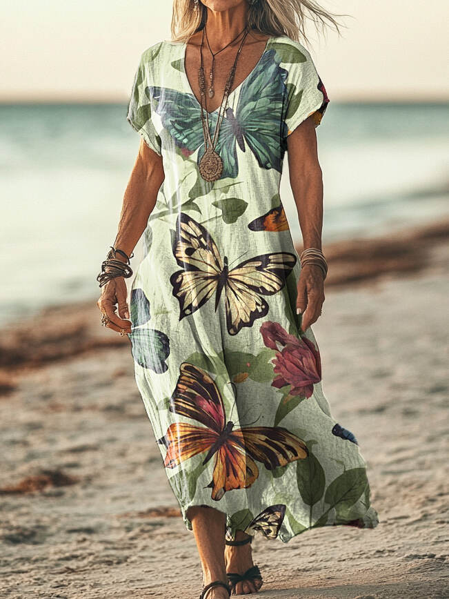 Women's Butterfly Pattern Art Print Pocket Cotton Dress