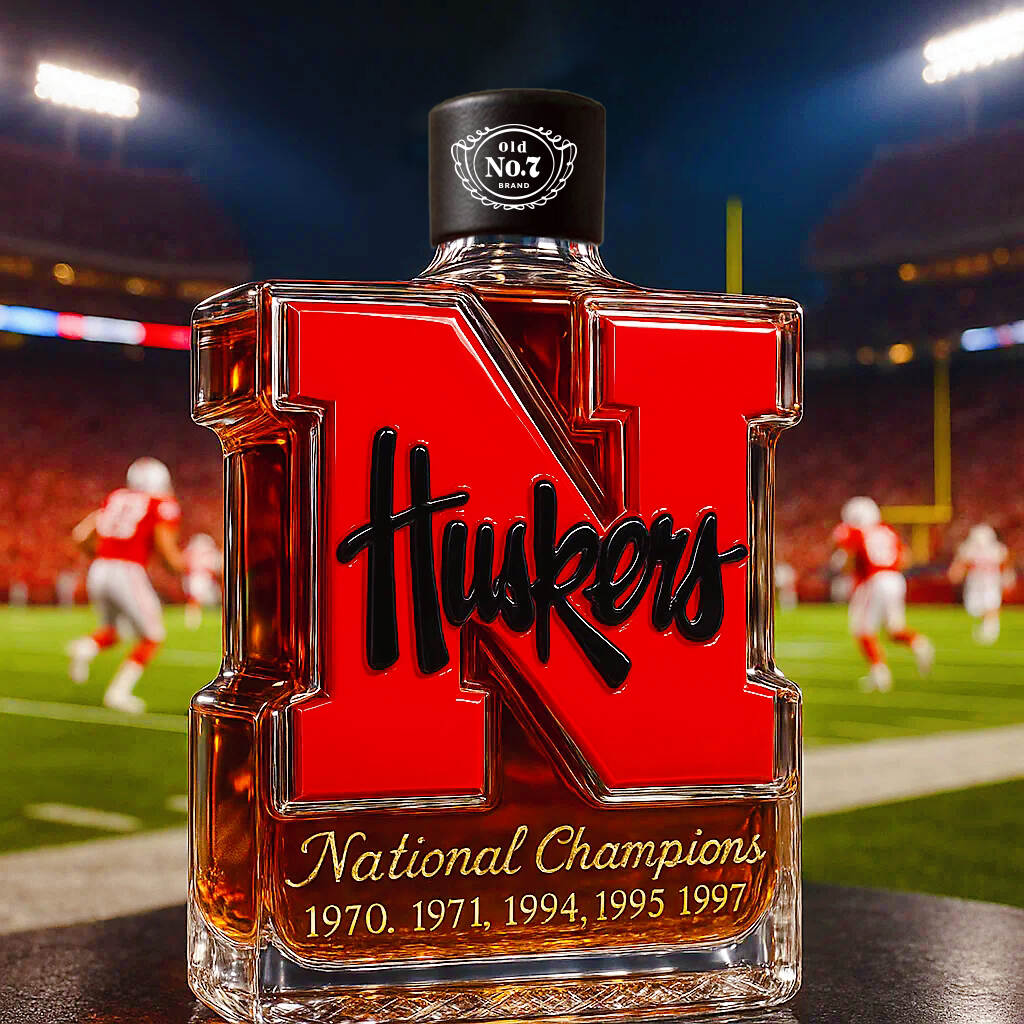 Nebraska Cornhuskers 5-Time National Champions Whiskey Bottle
