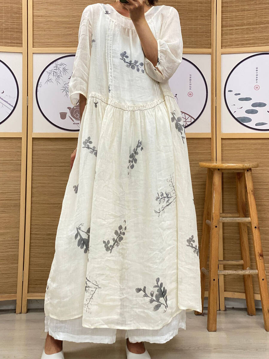 🔥Summer Arrivals🌟Women's Vintage Floral Print Pocket Cotton and Linen Dress