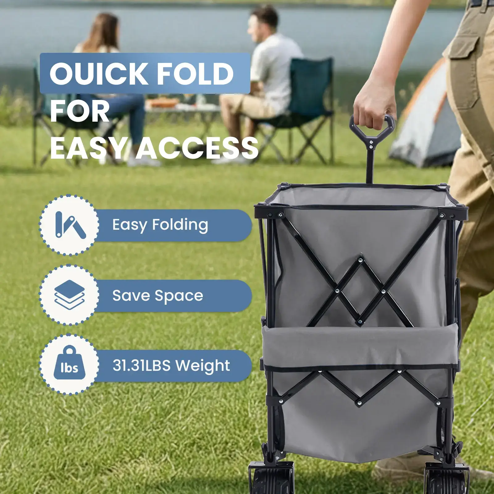 Large Capacity Folding Double Decker Wagon with Brakes, 440 lbs Wagons Carts Foldable Wagon Cart with Flexible Handle, All-Terrain Big Wheels for Grocery Sports Garden Camping