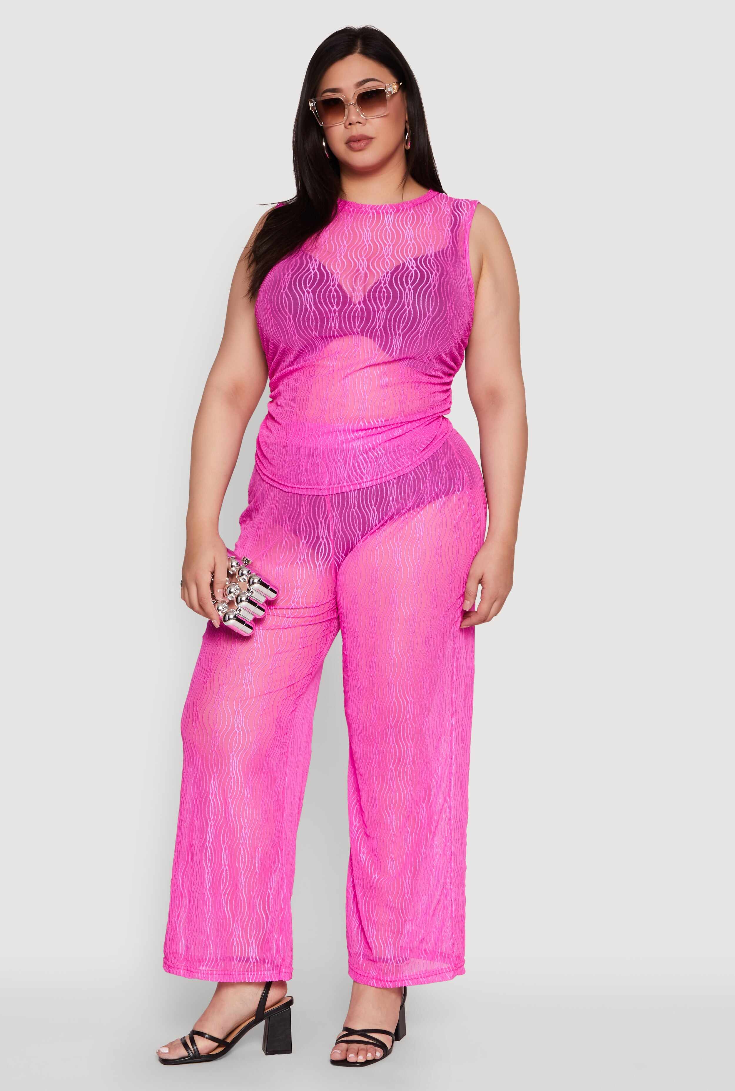 Plus Size Stylish High Waisted Wavy Stripe Mesh Palazzo Pants