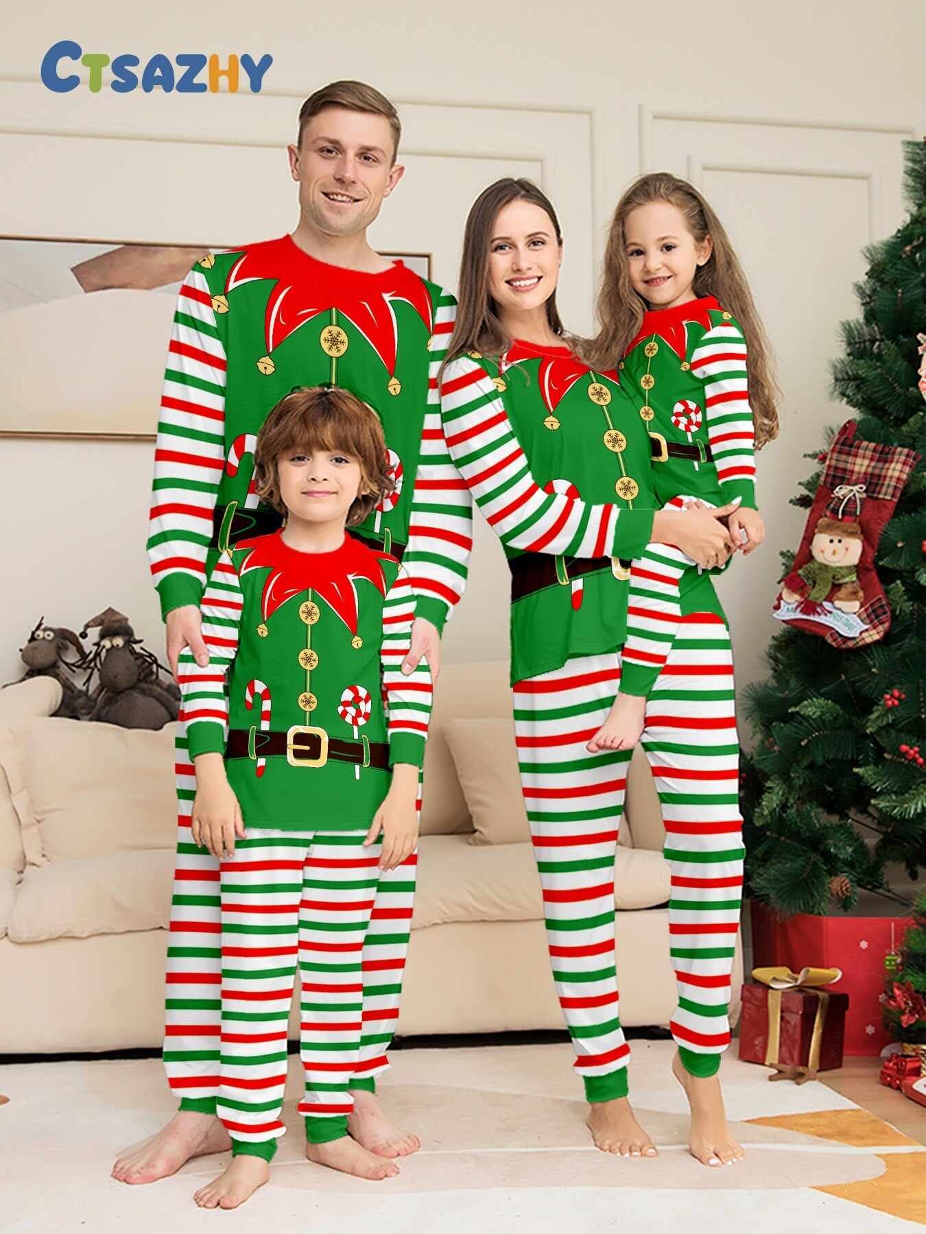 2024 3D Print Christmas Family Pajamas Red Green Striped Crutch Xmas Pajamas