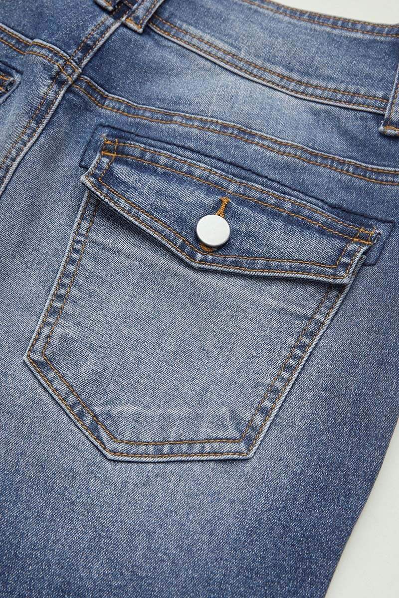 Washed Dual Button Flap Pocket Mid Waist Bootcut Jeans