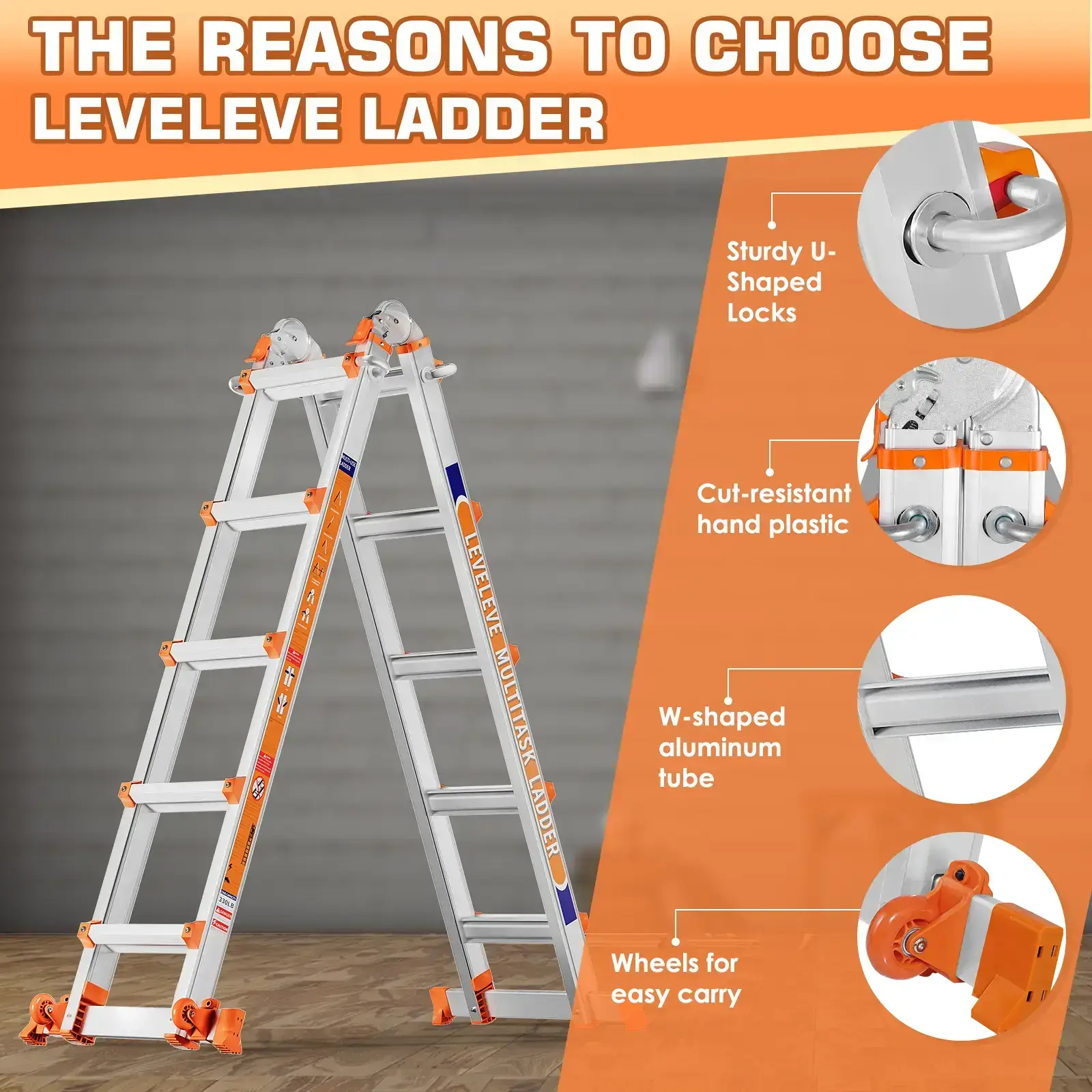 Extendable Telescopic Multi-Position Ladder - Convertible Modes, A-Frame Step Ladder with Stabilizer Bars, Narrow Folded Width, 330LBS Load Capacity, Wheels, Safe for Home & Outdoor Roof Work, Extendable Telescopic Ladders