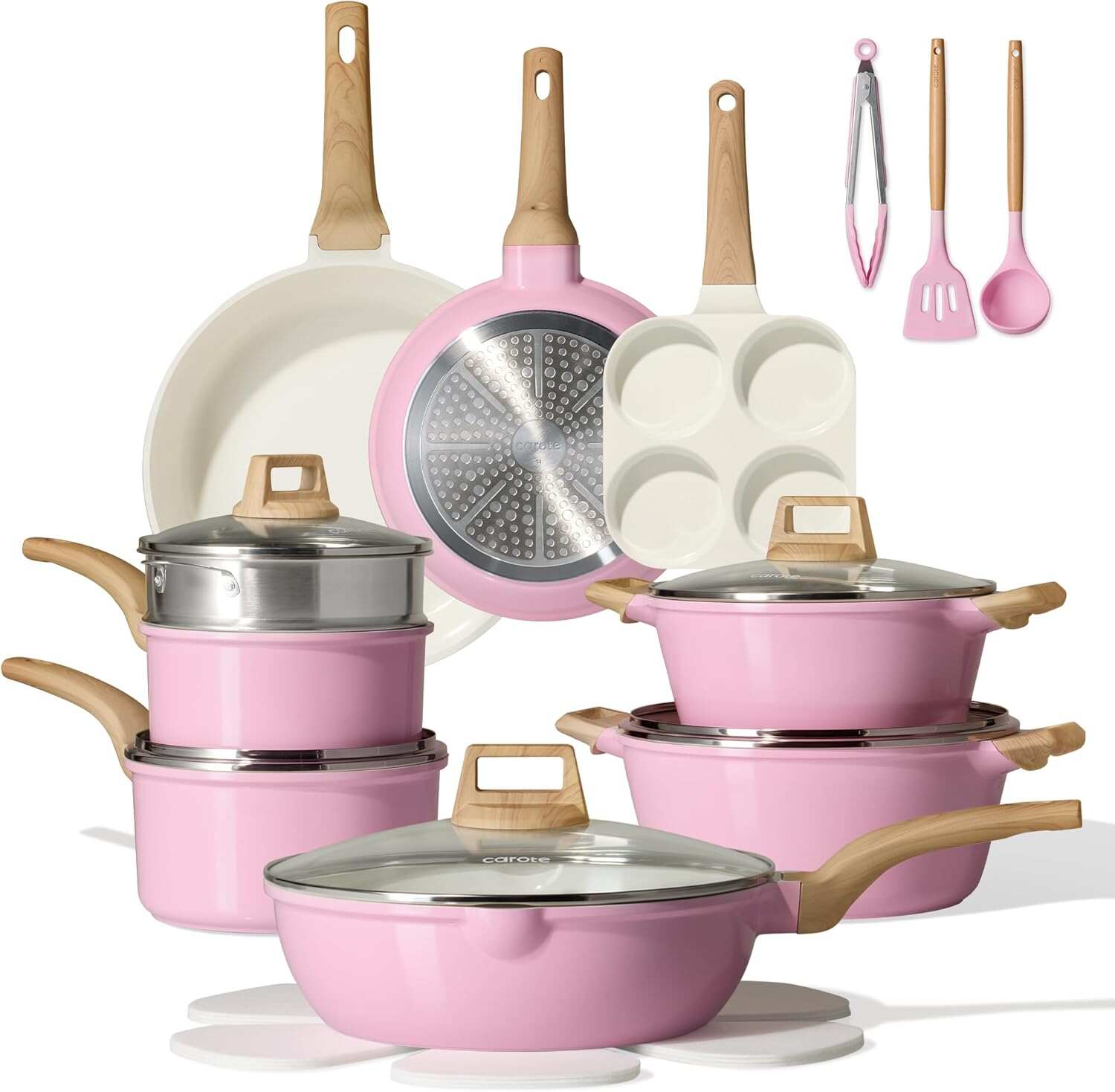 CAROTE ICE 35pcs Pots and Pans Set, Nonstick Cookware Sets, White Granite Induction Cookware with Kitchen Knife Set