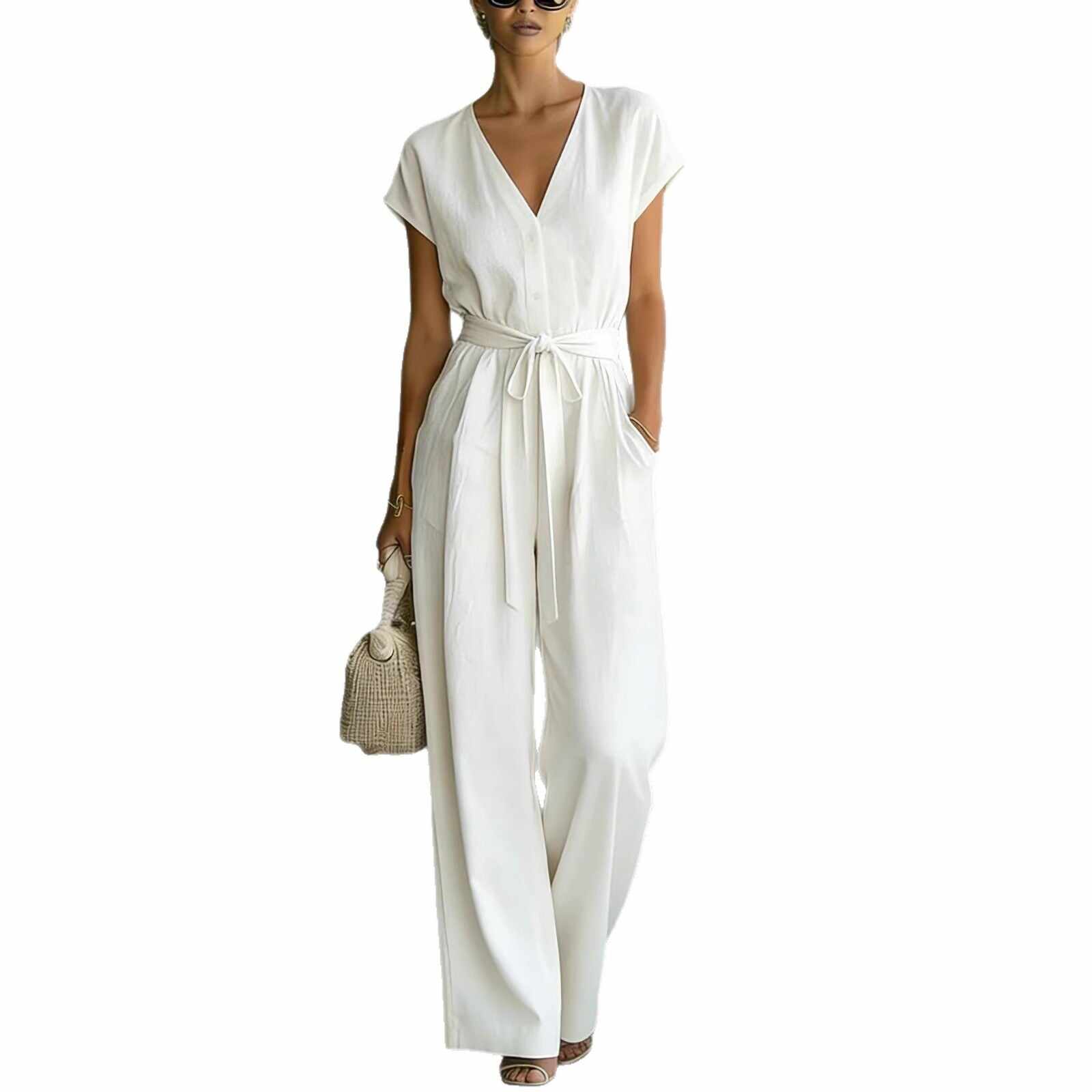 Elegant V-Neck Belted Jumpsuit for Women - Casual & Chic One-Piece Outfit for Everyday & Occasion Wear