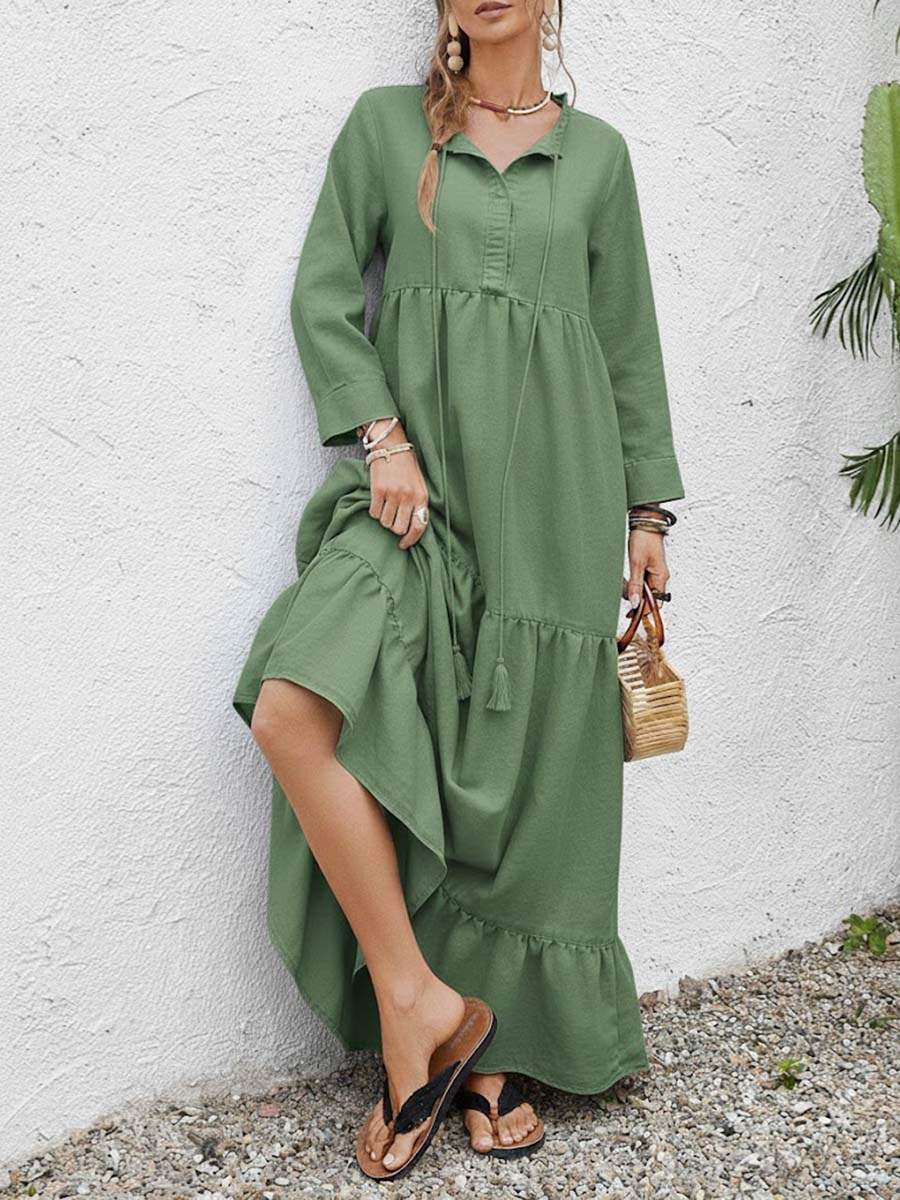 🔥Summer Arrivals🌟Women's Solid Color Round Neck Long Sleeve Casual Loose Cotton Linen Dress
