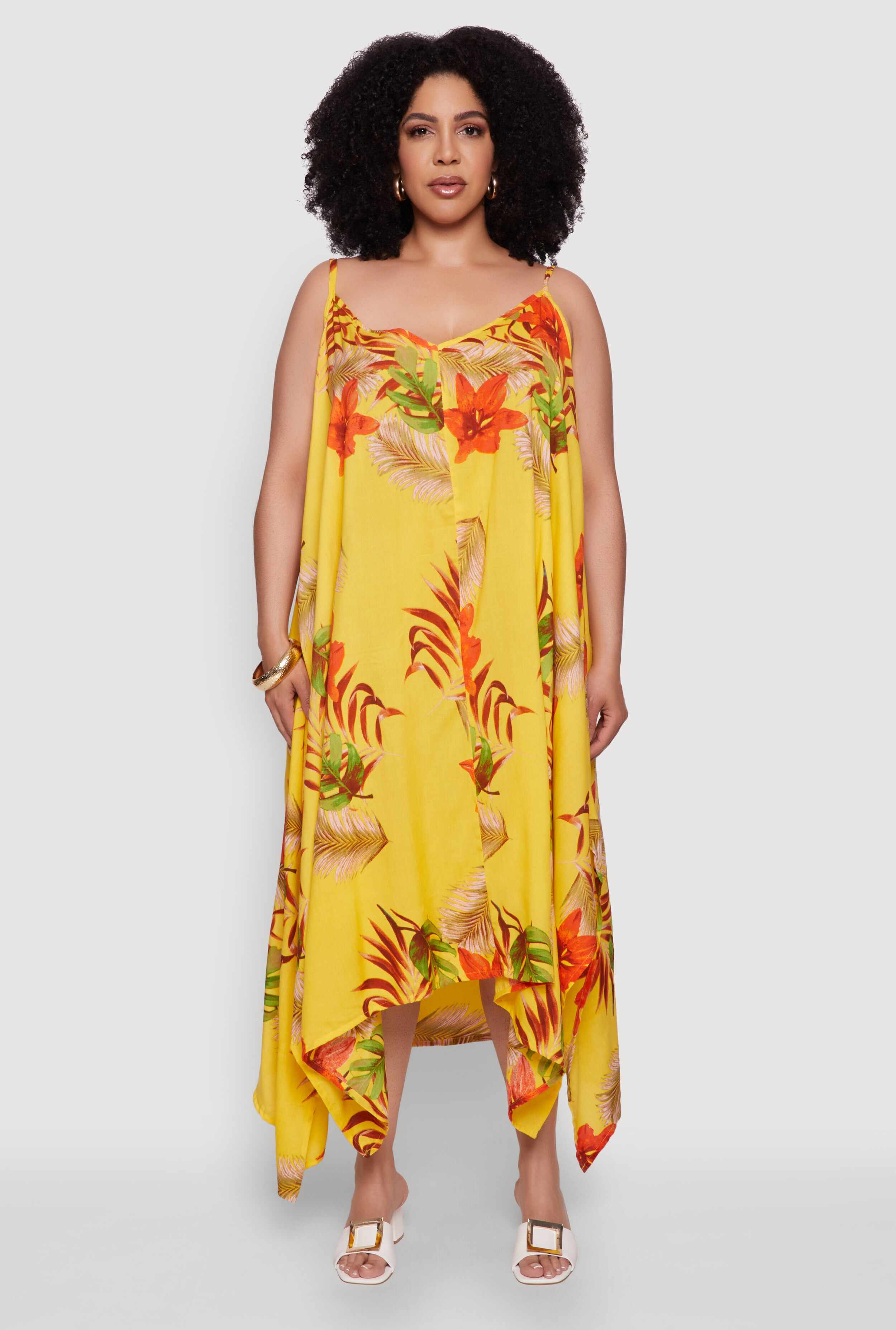 Plus Size Tropical Floral Sleeveless Sundress with Sharkbite Hem