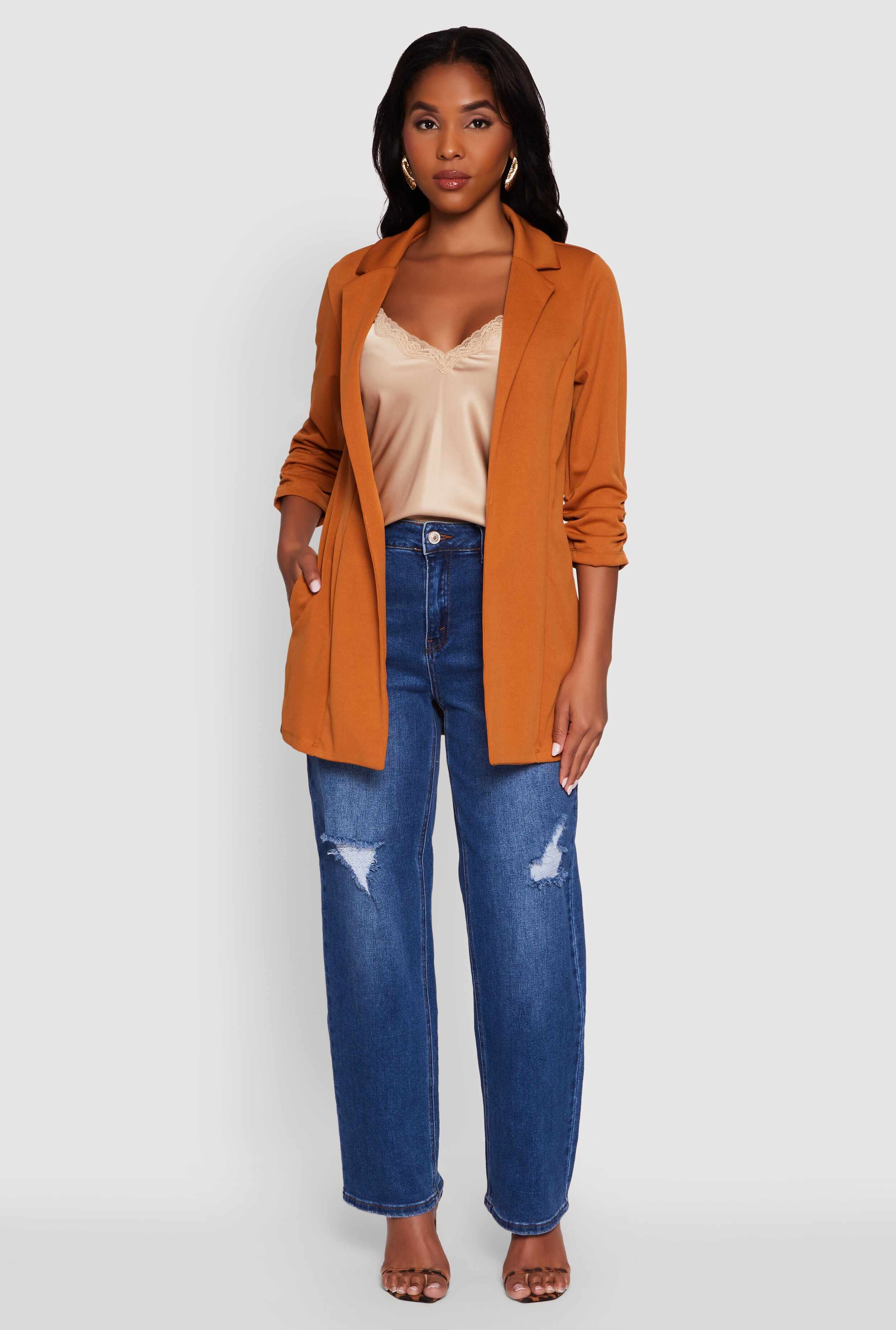 Textured Knit Ruched Sleeve Blazer