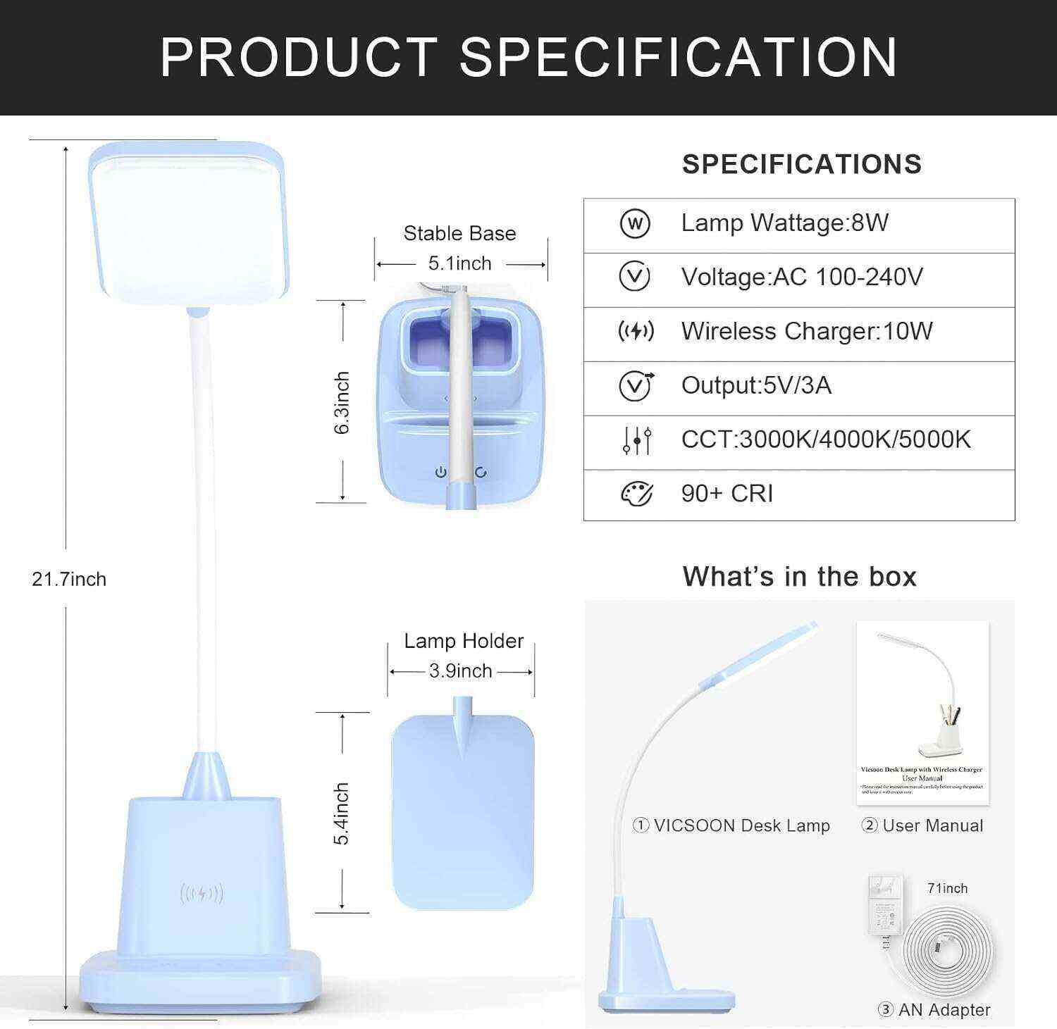 Desk Lamp with Wireless Charger, LED Desk Lamps for Home Office, 800 Lumens, Small Desk Lamp with Pen Holder, Flexible Arm, 3 Modes, Dimming, Touch Lamp for College Dorm Room