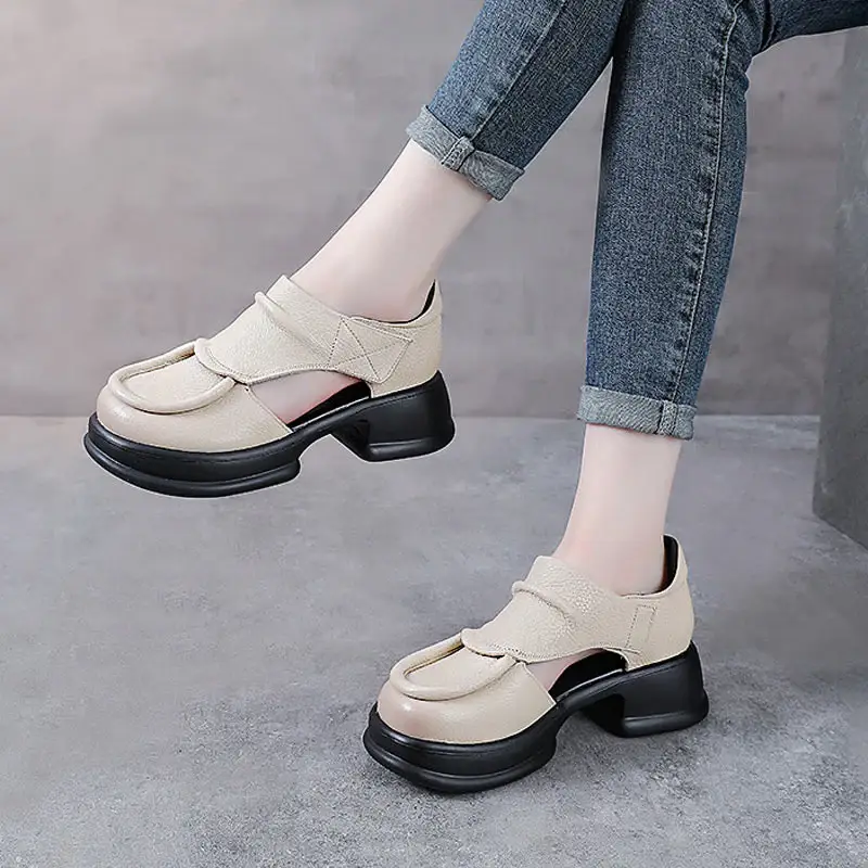 Women'S Thick Sole Hollow High Heeled Sandals With Velcro